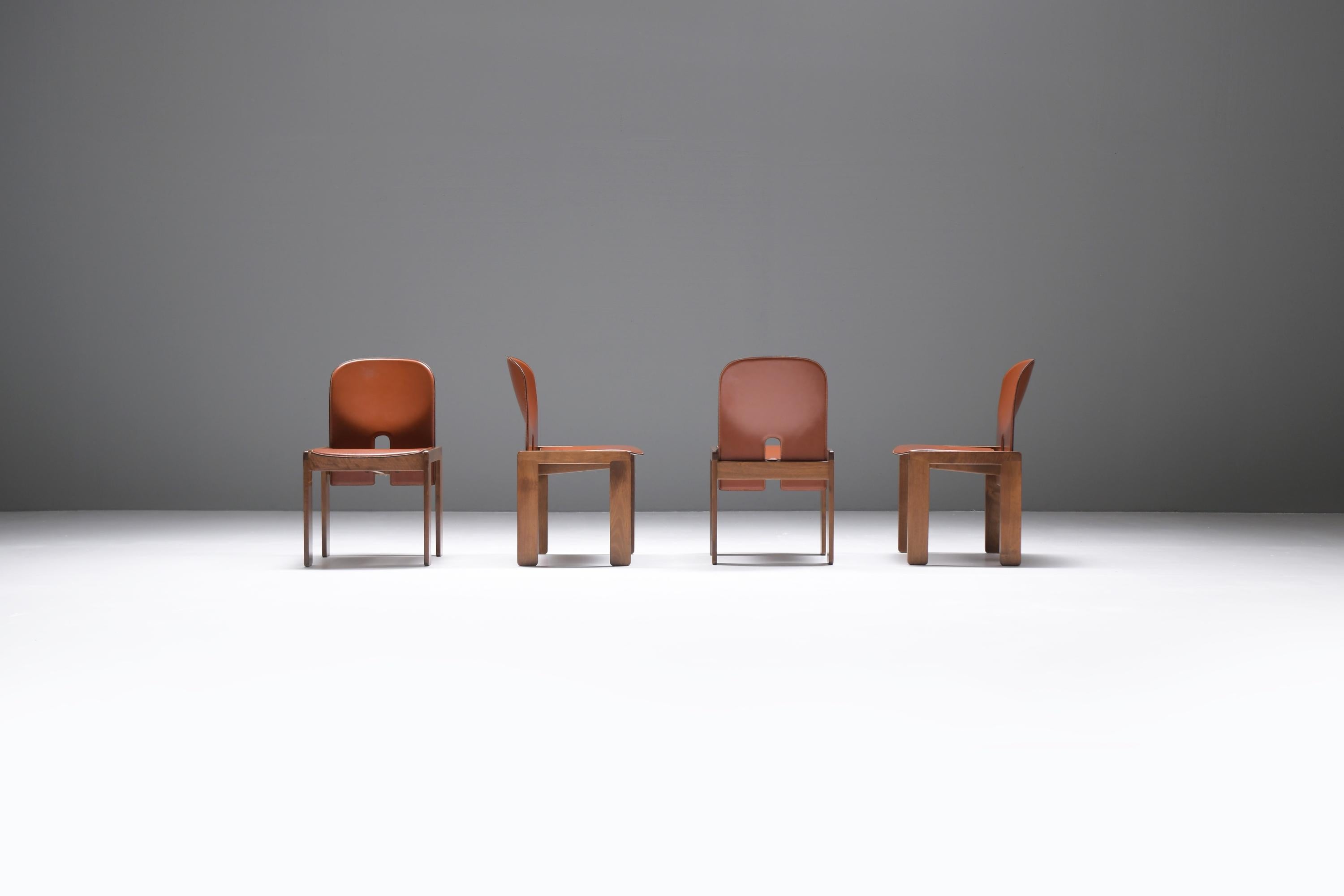 Italian 121 Dining Chairs (4)  walnut & brown leather by Afra & Tobia Scarpa - Cassina