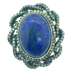 12.10 Carat Lapis 1.35 Carat Diamonds Sterling Silver 14 Karat Gold Ring