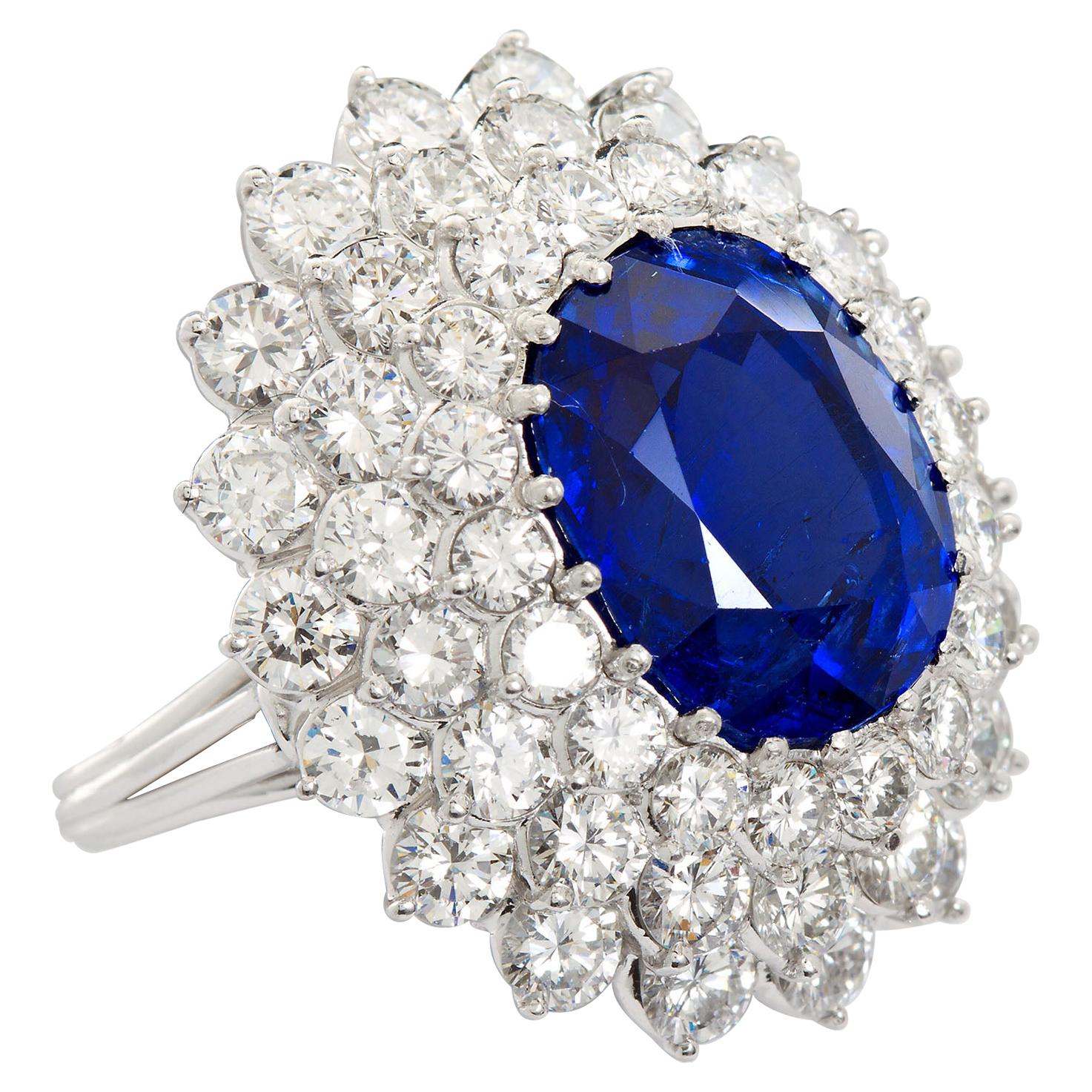 12.10 Carat Burma Unheated Oval Sapphire Diamond Cluster Ring