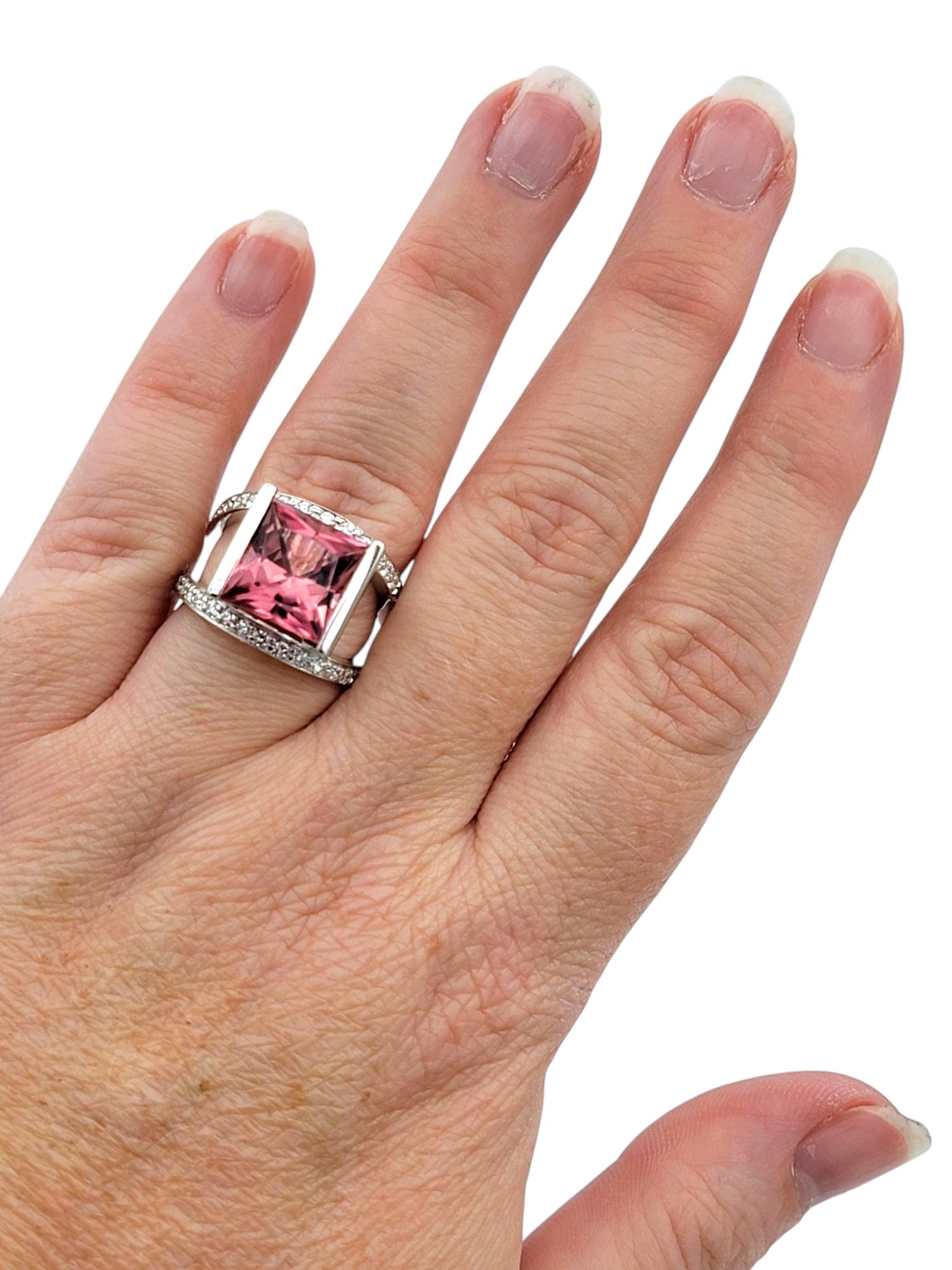 12.10 Carat Pink Tourmaline and Diamond Split Shank Cocktail Ring 14 Karat Gold For Sale 5