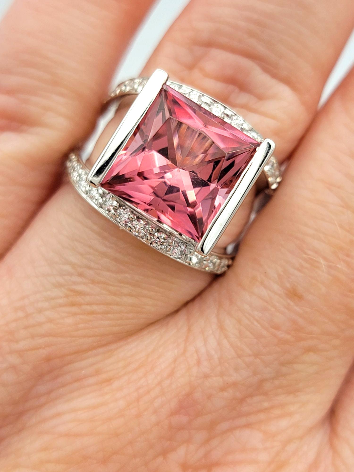 12.10 Carat Pink Tourmaline and Diamond Split Shank Cocktail Ring 14 Karat Gold For Sale 6