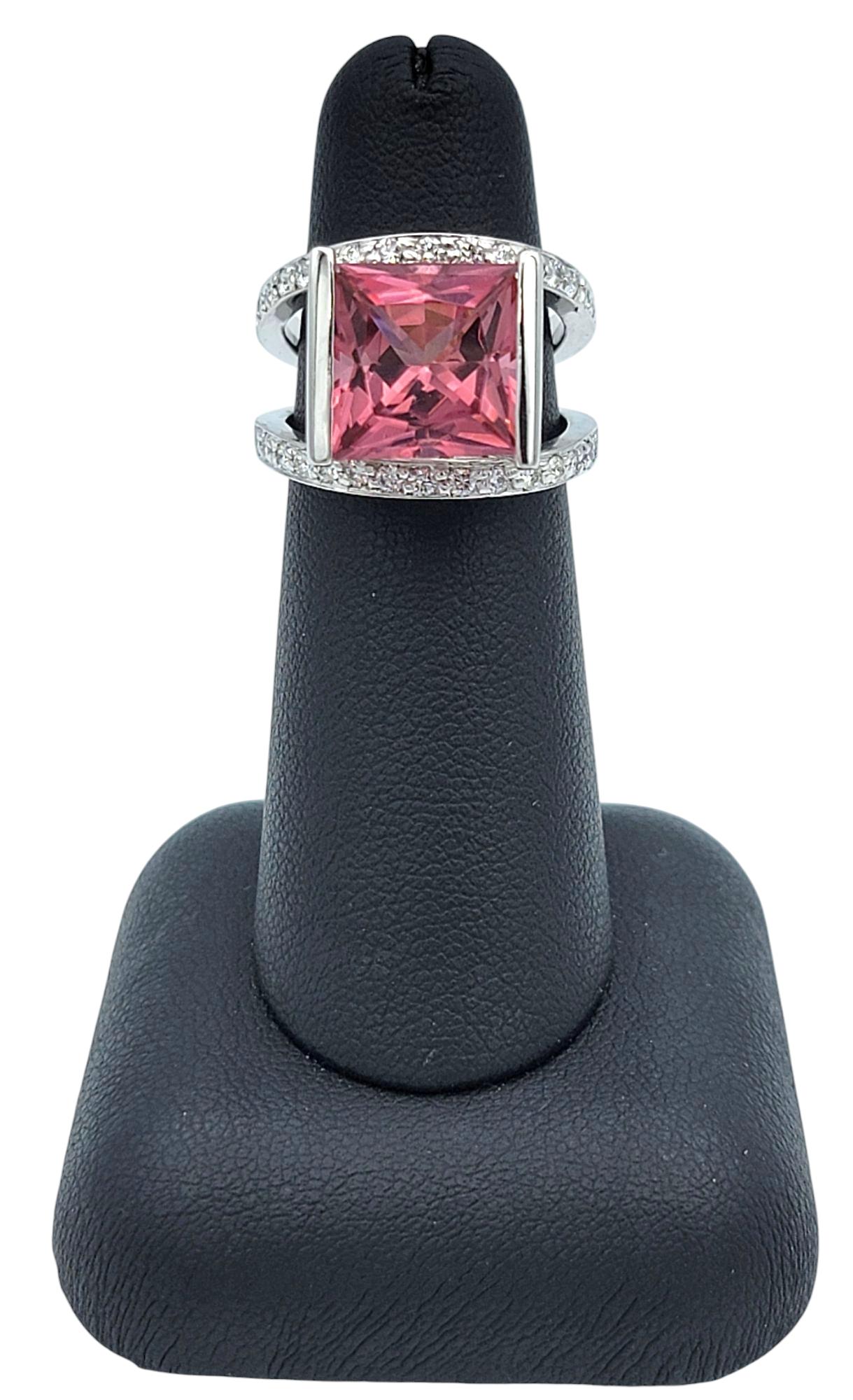 12.10 Carat Pink Tourmaline and Diamond Split Shank Cocktail Ring 14 Karat Gold For Sale 7