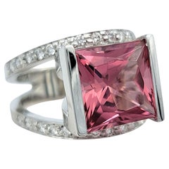 12.10 Carat Pink Tourmaline and Diamond Split Shank Cocktail Ring 14 Karat Gold