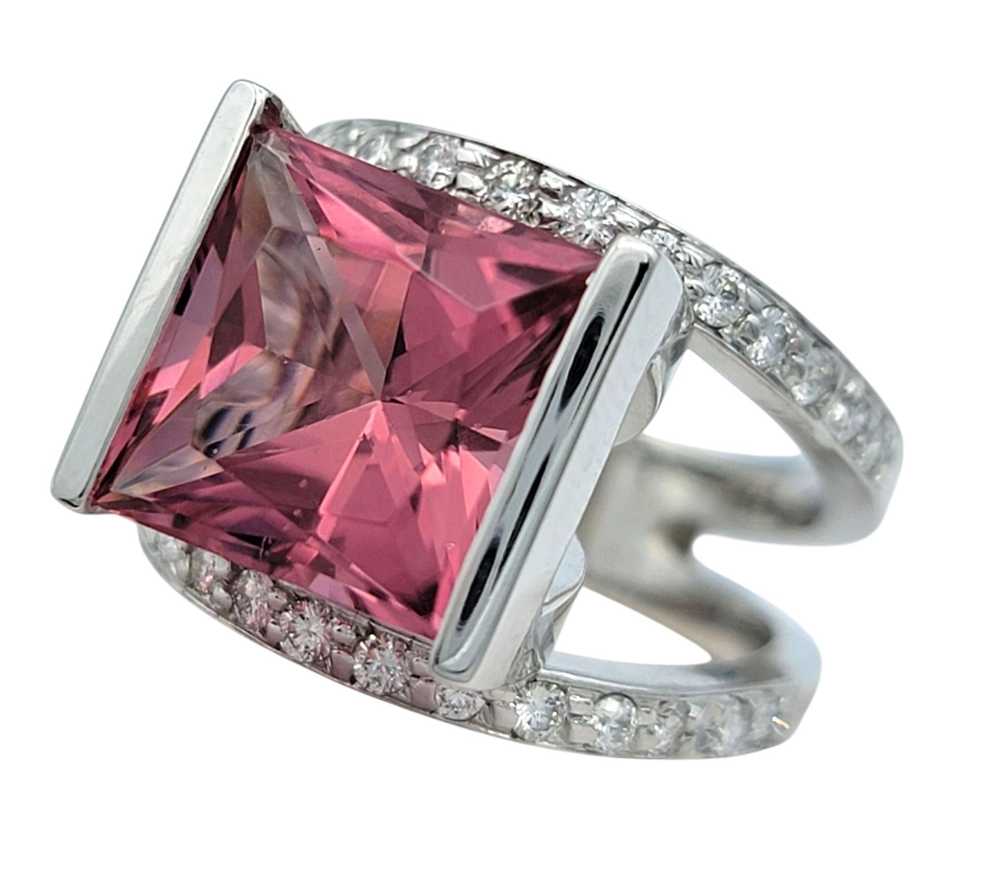 Contemporary 12.10 Carat Pink Tourmaline and Diamond Split Shank Cocktail Ring 14 Karat Gold For Sale
