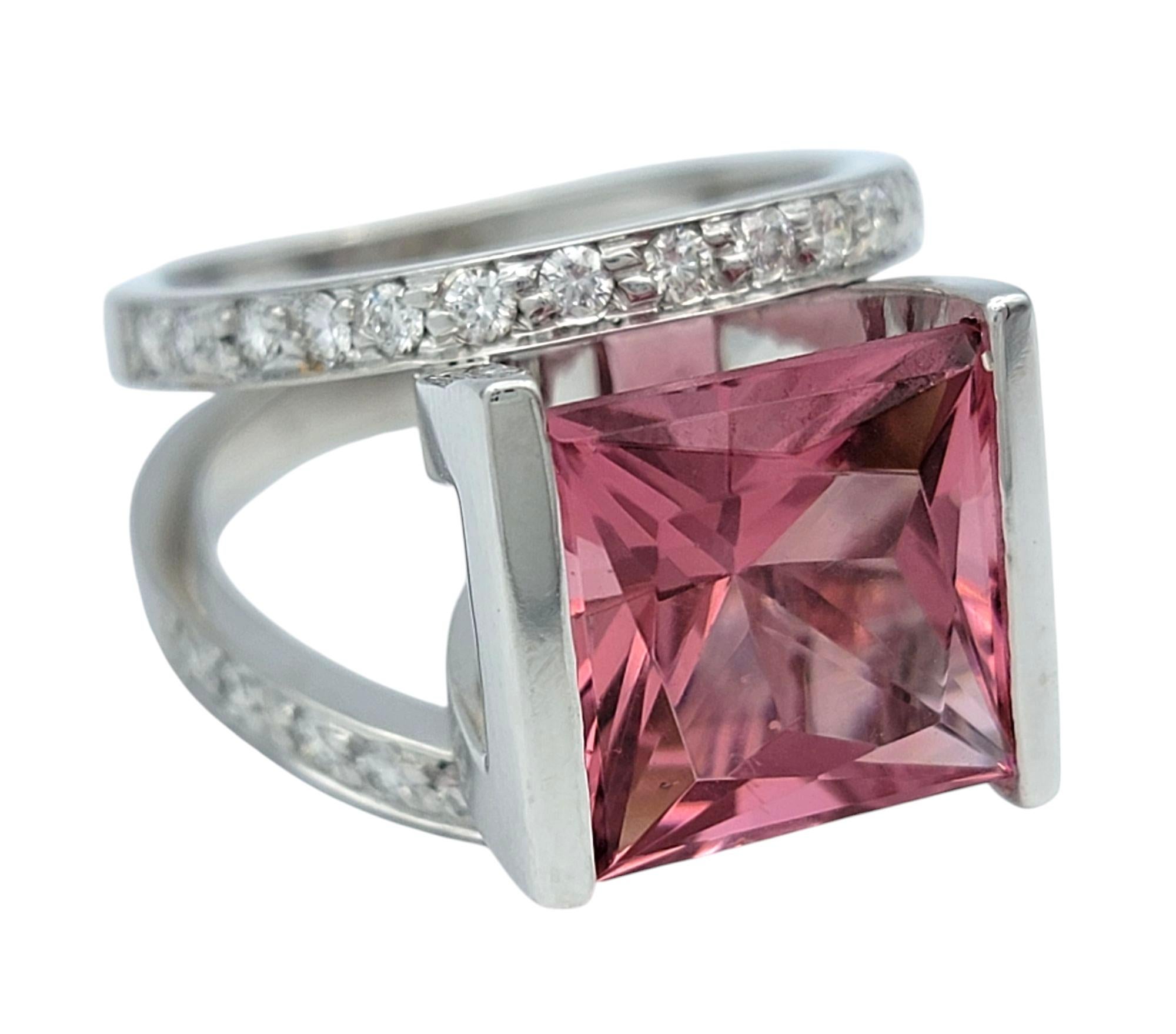 Square Cut 12.10 Carat Pink Tourmaline and Diamond Split Shank Cocktail Ring 14 Karat Gold For Sale