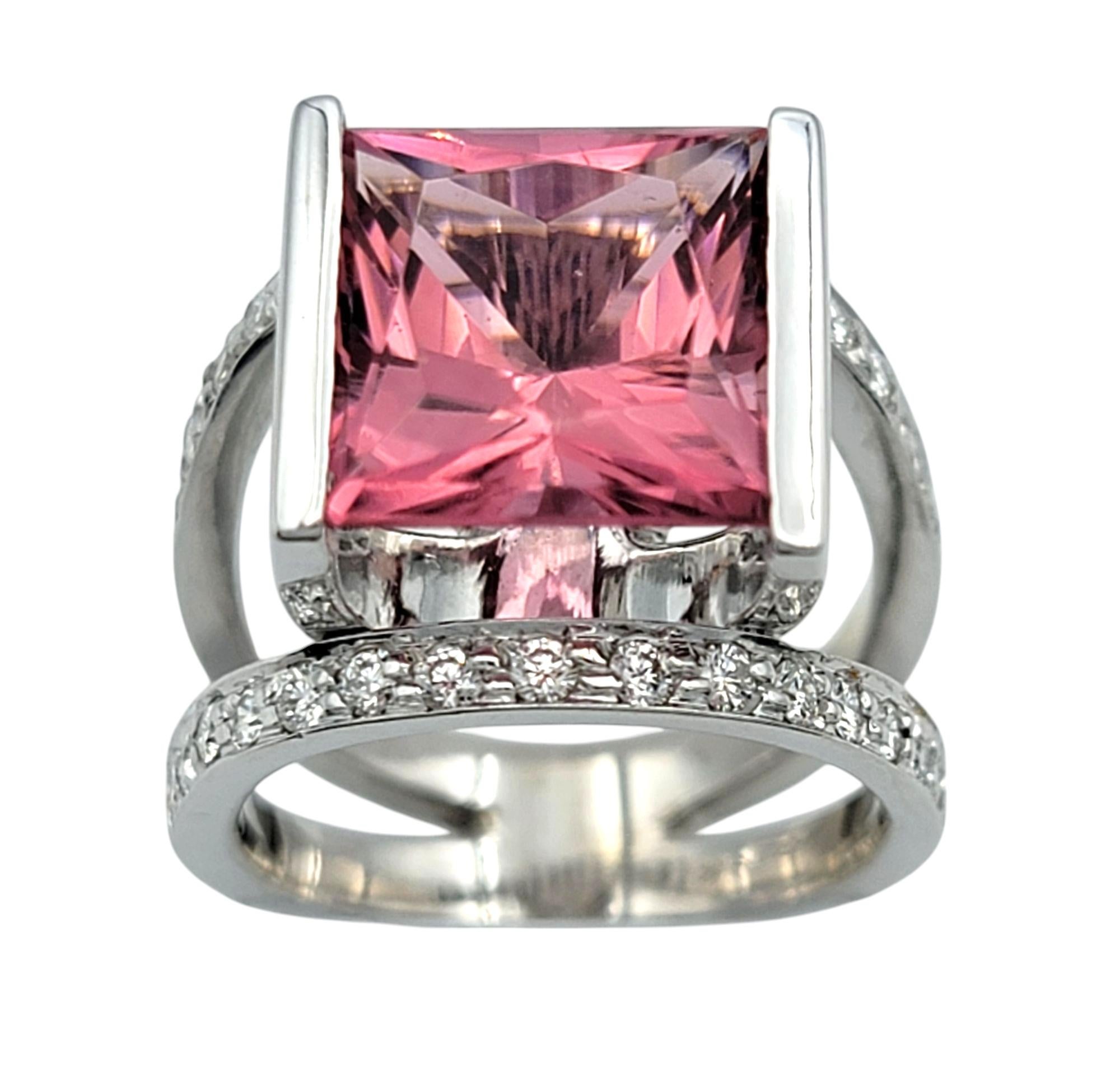 12.10 Carat Pink Tourmaline and Diamond Split Shank Cocktail Ring 14 Karat Gold In Good Condition For Sale In Scottsdale, AZ
