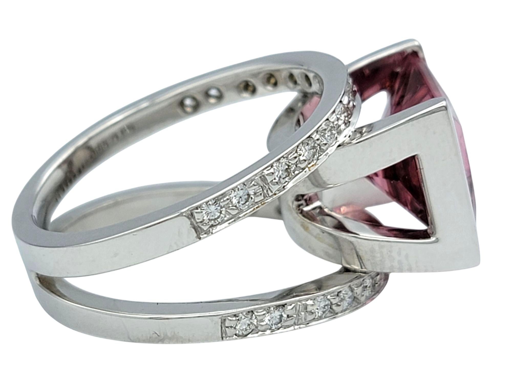 Women's 12.10 Carat Pink Tourmaline and Diamond Split Shank Cocktail Ring 14 Karat Gold For Sale