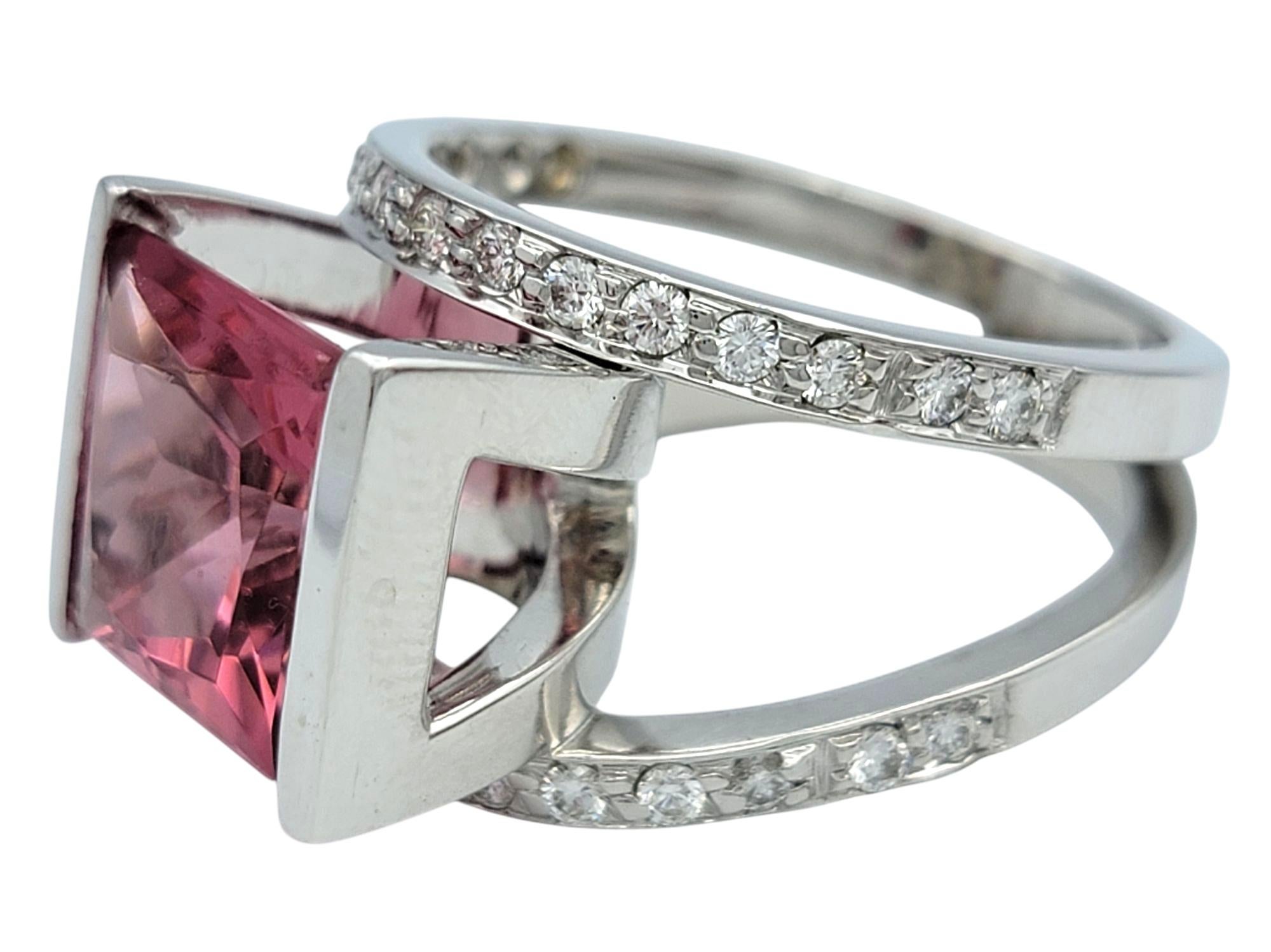 12.10 Carat Pink Tourmaline and Diamond Split Shank Cocktail Ring 14 Karat Gold For Sale 1
