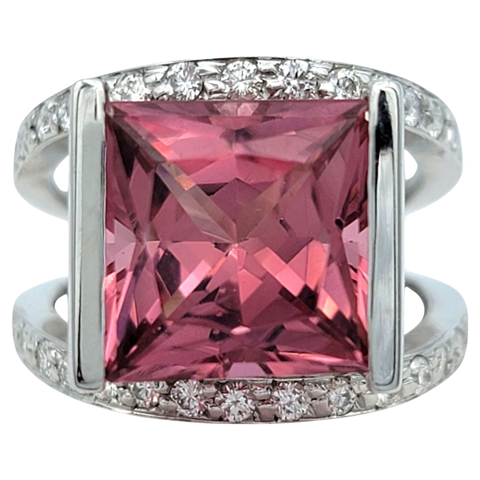 12.10 Carat Pink Tourmaline and Diamond Split Shank Cocktail Ring 14 Karat Gold For Sale