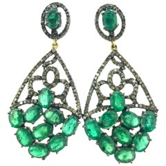 12.10 ct Emerald Diamond Earring in Oxidized Sterling Silver with 14KT Gold