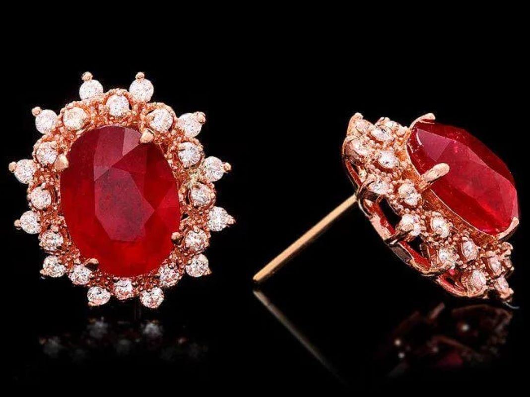 Mixed Cut 12.10ct Natural Ruby and Diamond 14K Solid Rose Gold Earrings For Sale