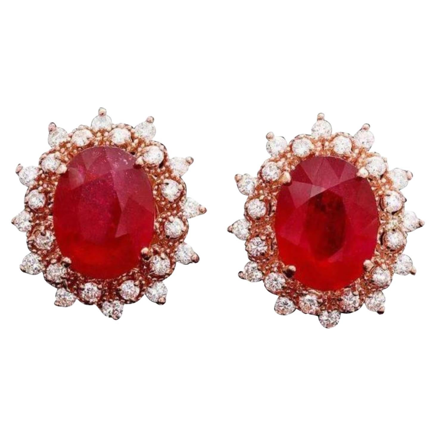 12.10ct Natural Ruby and Diamond 14K Solid Rose Gold Earrings For Sale