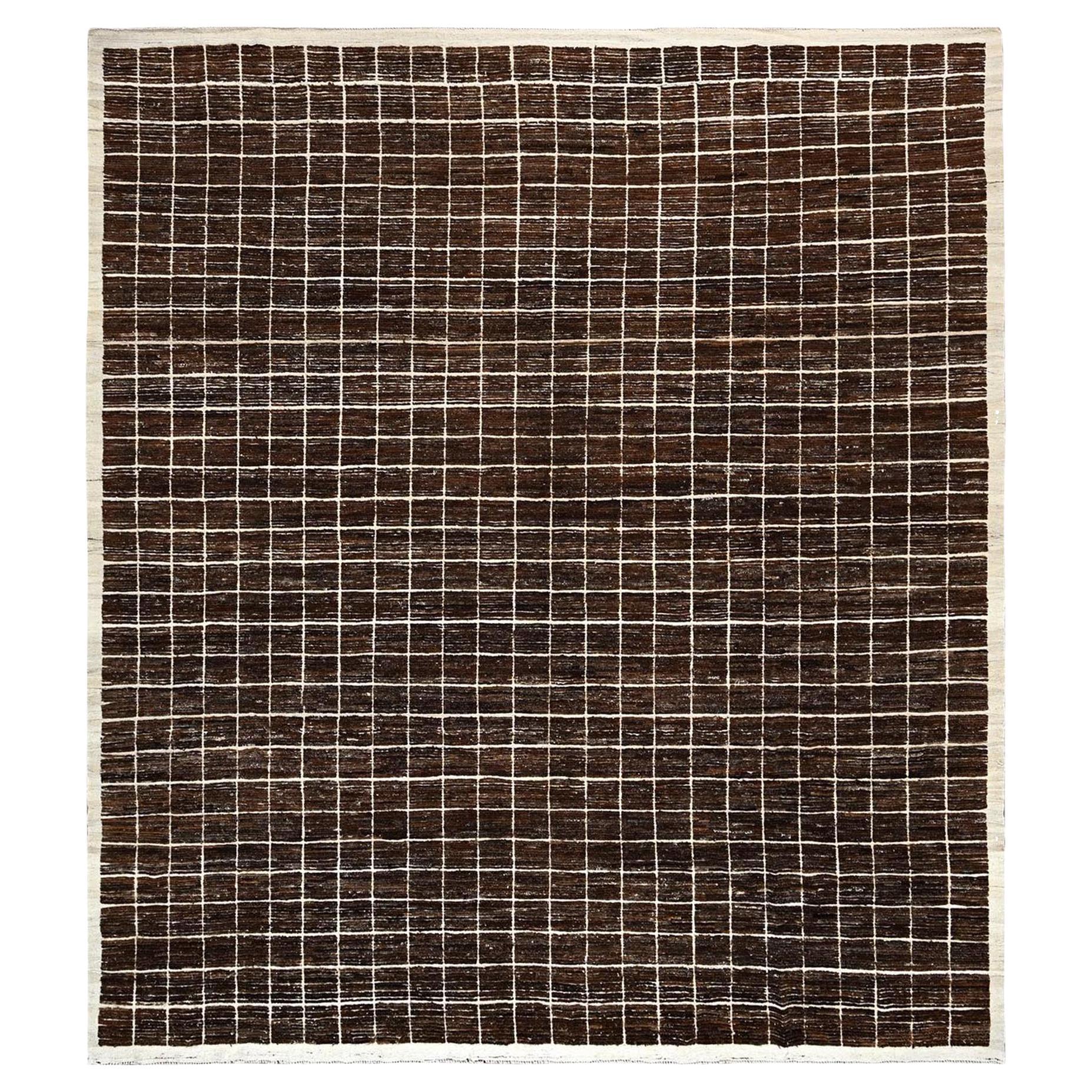 12
10"x14
6" Brown Natural Wool Moroccan Weave with Grid Design Hand Knotted Rug