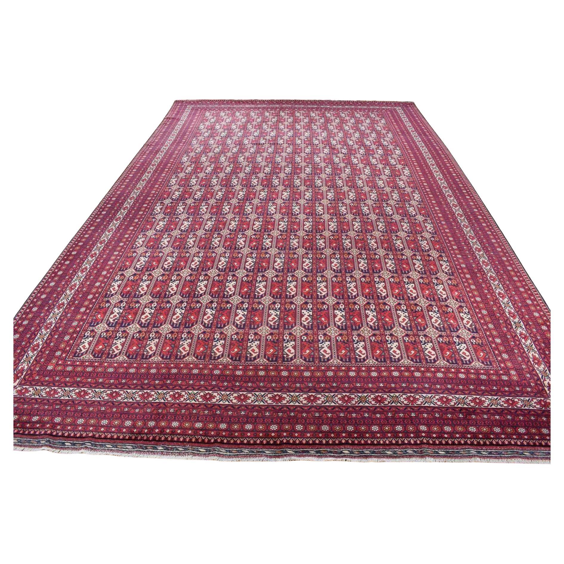 12'10 "x19'7" Tappeto afghano rosso Khamyab con intricato disegno a scatola annodato a mano in lana in vendita