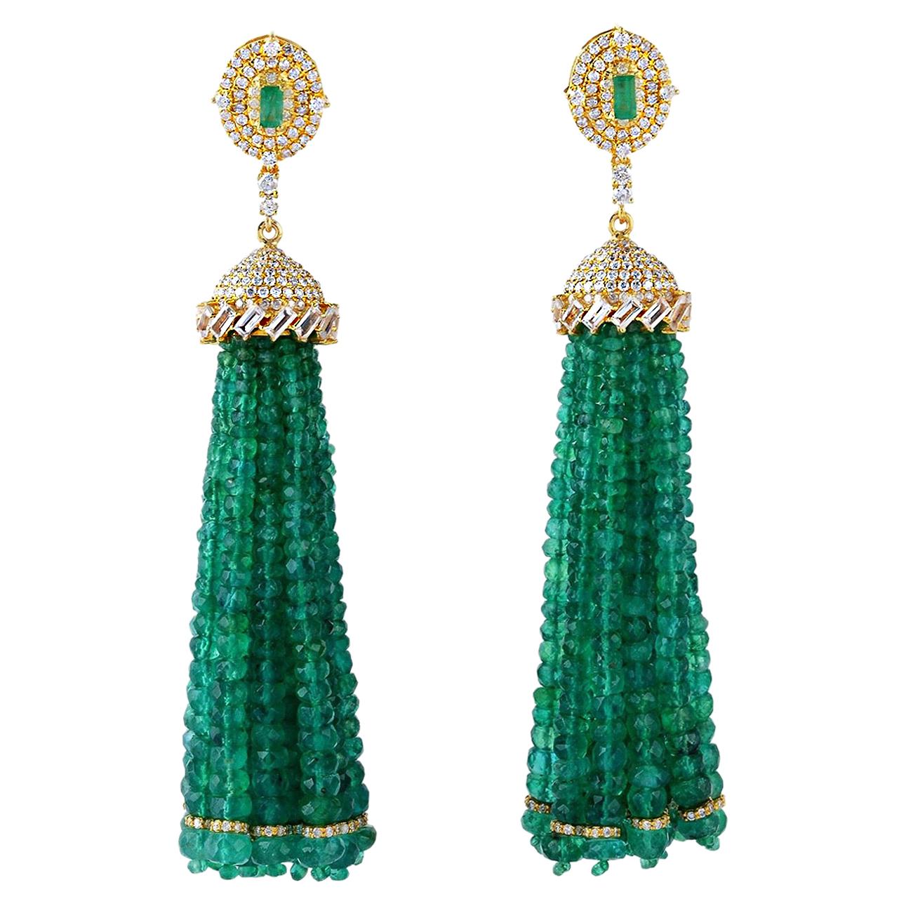 121.17 Carat Emerald Diamond 18 Karat Gold Chandelier Drop Tassel Earrings