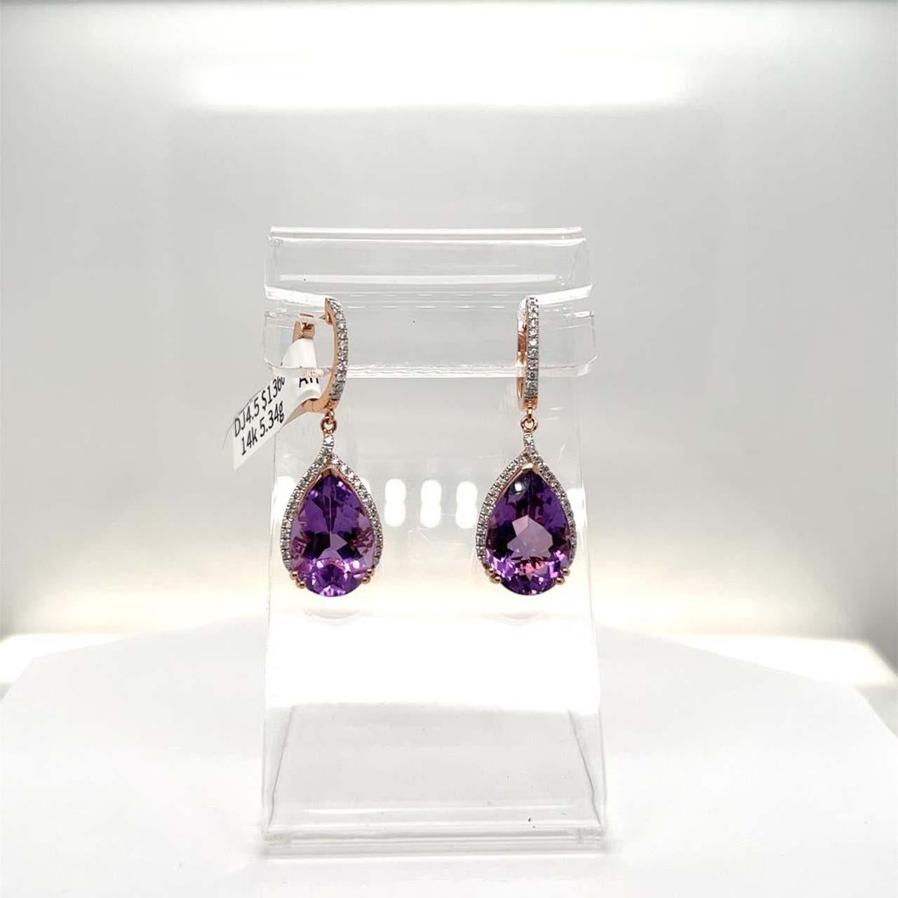 14K Rose Gold Earrings 5.35gm / 12.11ct Amethyst / 0.42ct Diamonds #EA129AAM2
Mounted in 14K rose gold with beautiful purple 12.11ct Amethyst bright and brilliant shimmer entrancingly like stars at dusk. This earring is a safe investment and draws