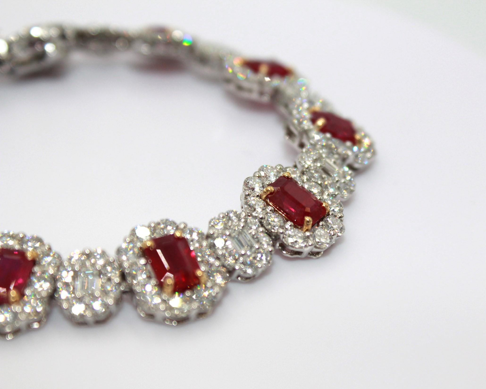 Emerald Cut 12.12 Carat Burma Ruby & Diamond Bracelet For Sale