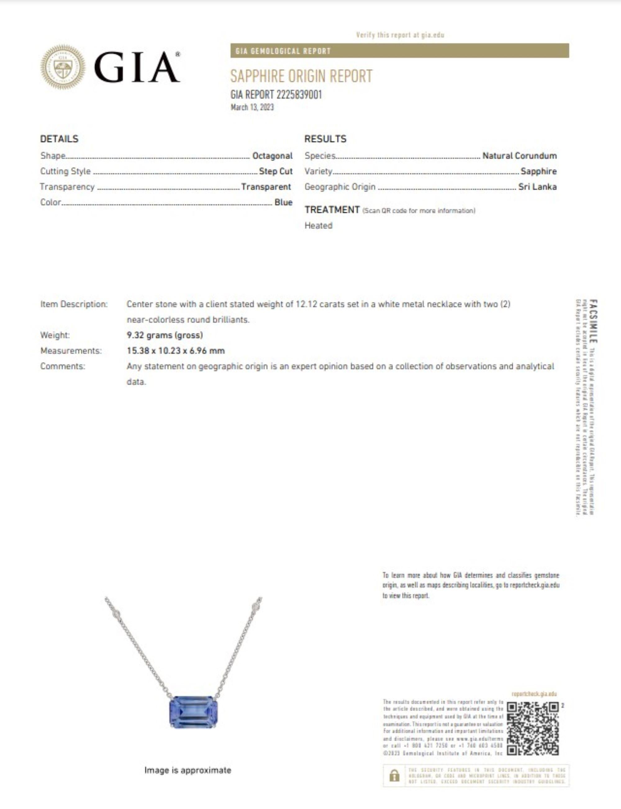 12.12 carat Emerald Blue Sapphire with set in a handmade Platinum Pendant