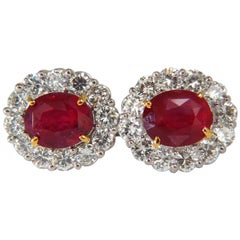 12.12 Carat GRS No Heat Oval Vivid Red Ruby Diamond Cluster Earrings Winza