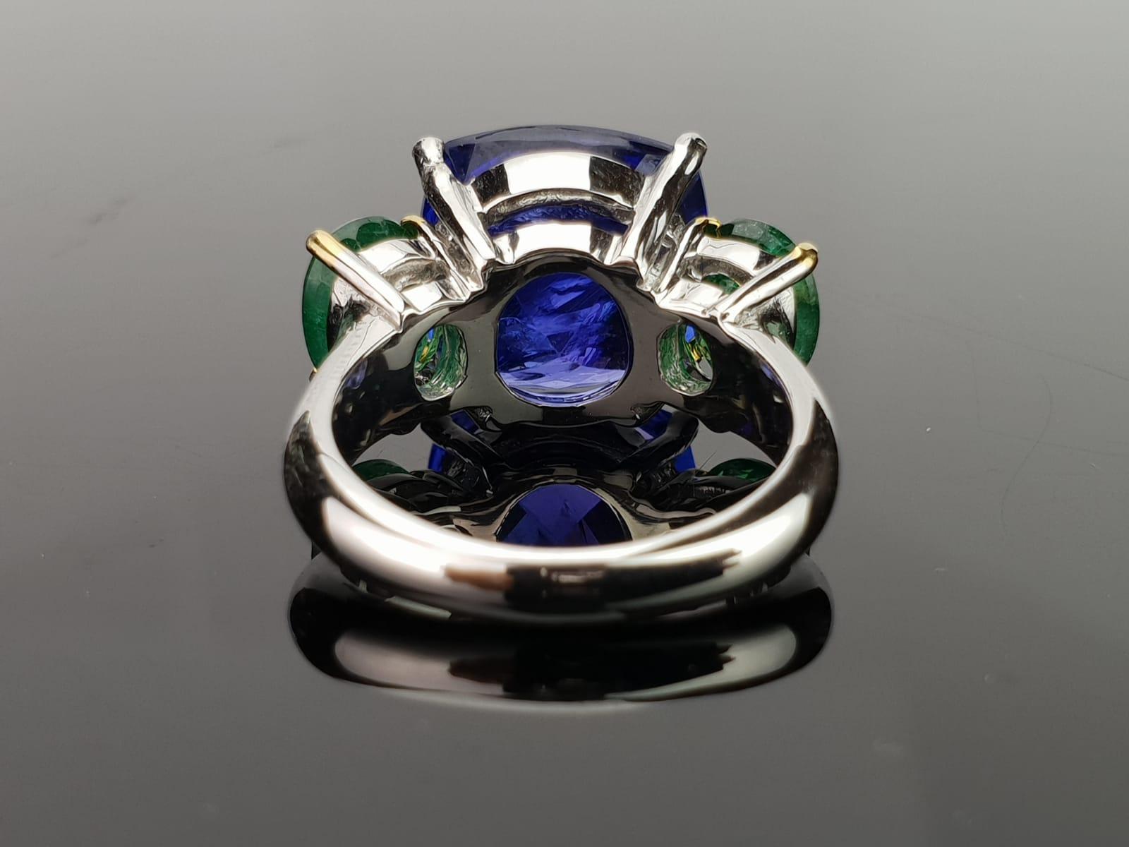 Art Deco 12.12 Carat Tanzanite Cushion and Emerald Engagement Ring