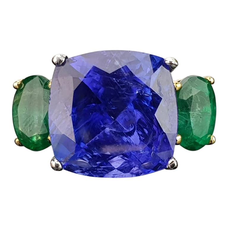 12.12 Carat Tanzanite Cushion and Emerald Engagement Ring