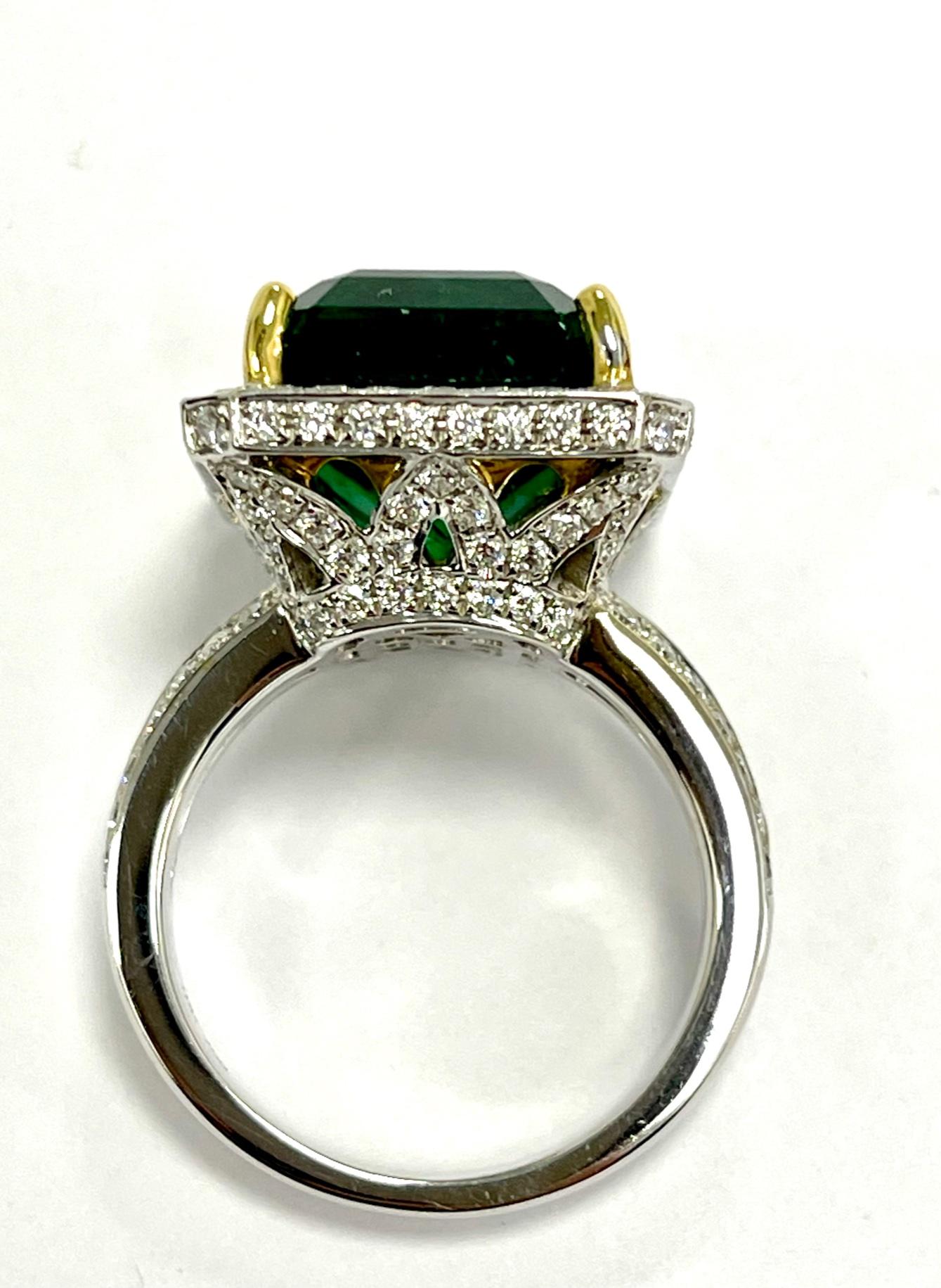Women's 12.12 Carat  Emerald Diamond Ring For Sale