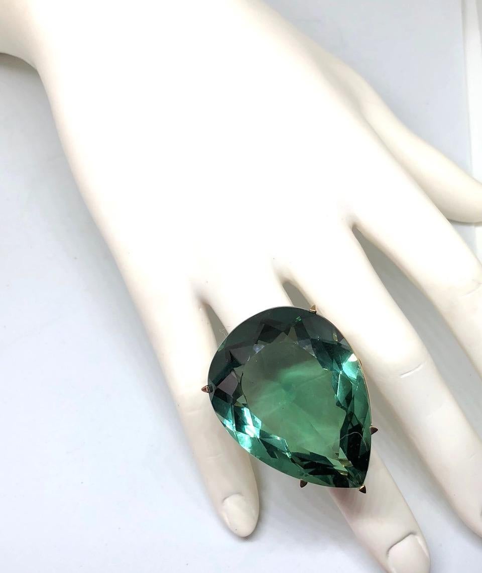 Modern 121.25 Carat Pear Shape Genuine Green Amethyst Statement Vermeil Sterling Ring