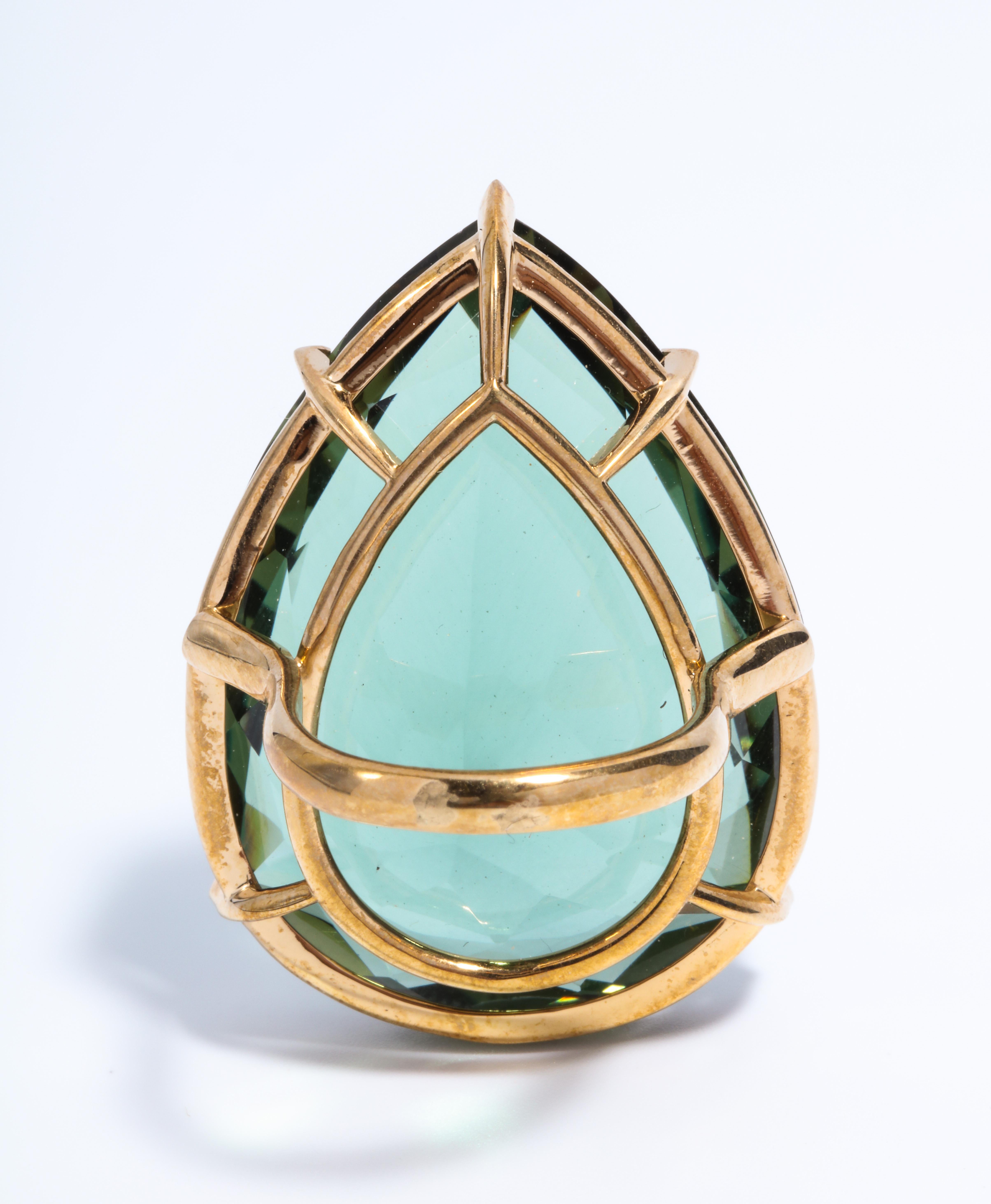 121.25 Carat Pear Shape Genuine Green Amethyst Statement Vermeil Sterling Ring In New Condition In New York, NY