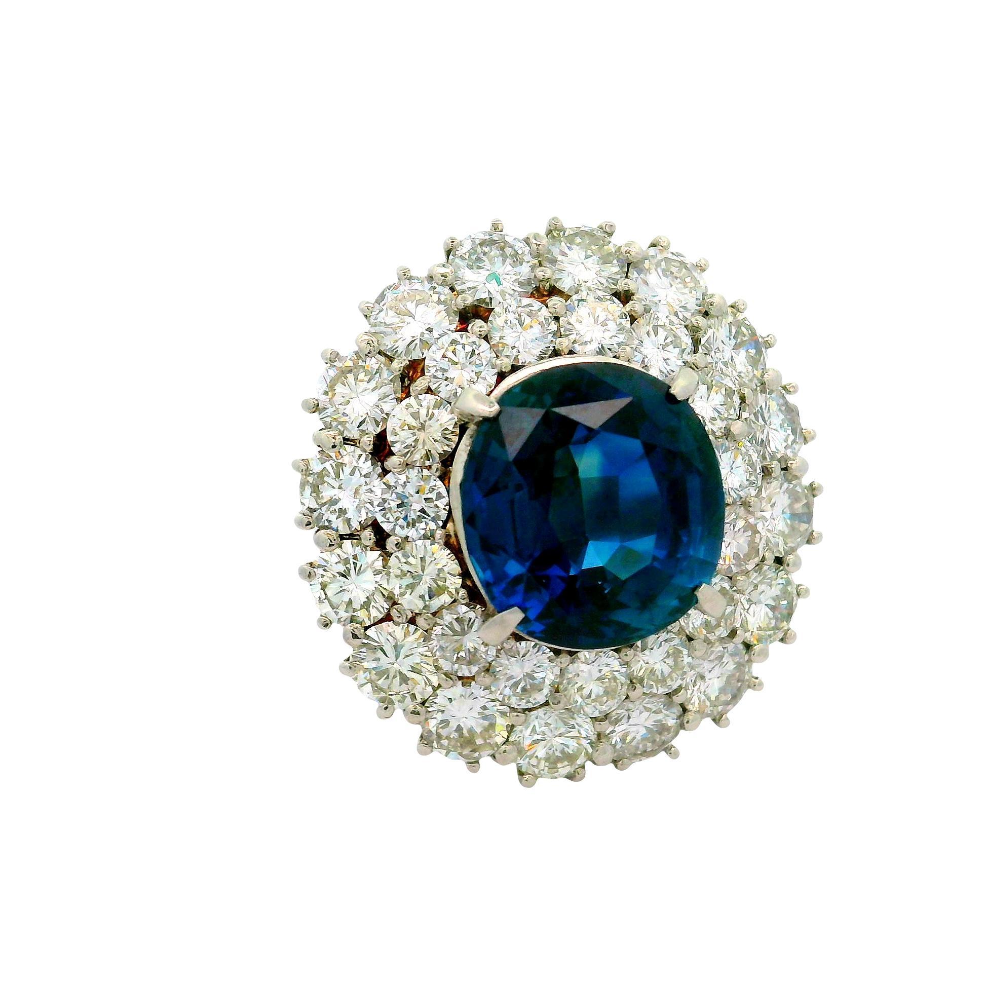 12.13 Carat Blue Sapphire Diamond Double Halo Platinum Ring (Zeitgenössisch) im Angebot