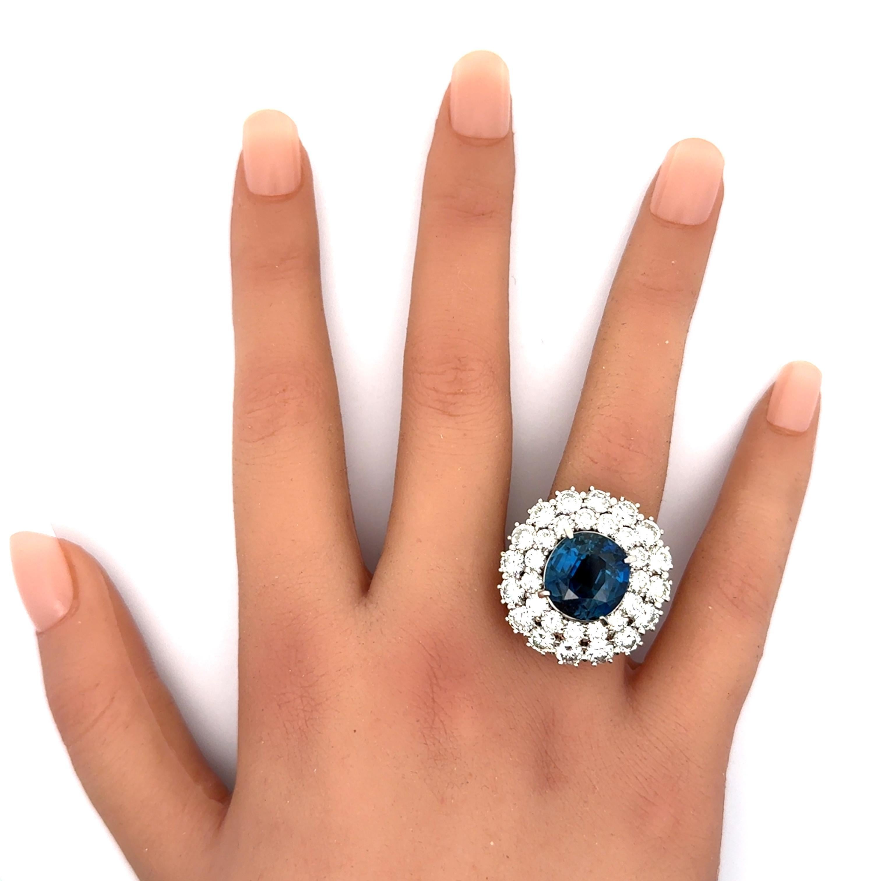 12.13 Carat Blue Sapphire Diamond Double Halo Platinum Ring Damen im Angebot