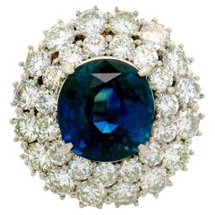 12.13 Carat Blue Sapphire Diamond Double Halo Platinum Ring