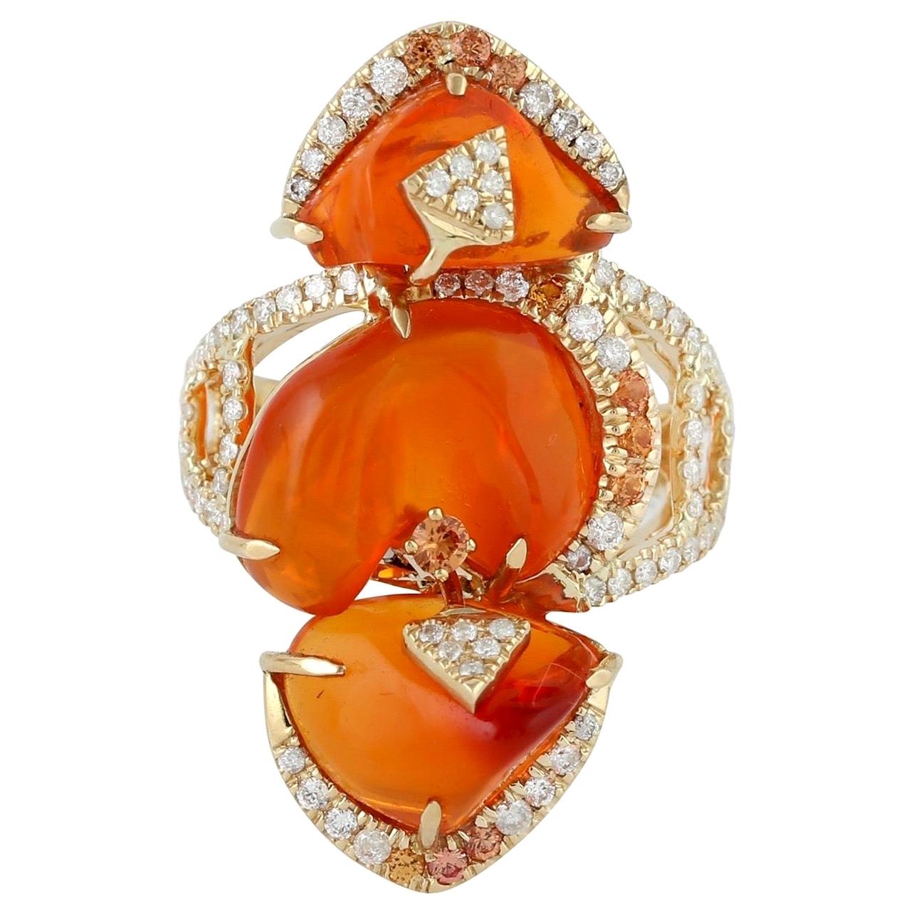 Meghna Jewels 14K Gold Fire Opal Ring, 12.13ct with Diamonds