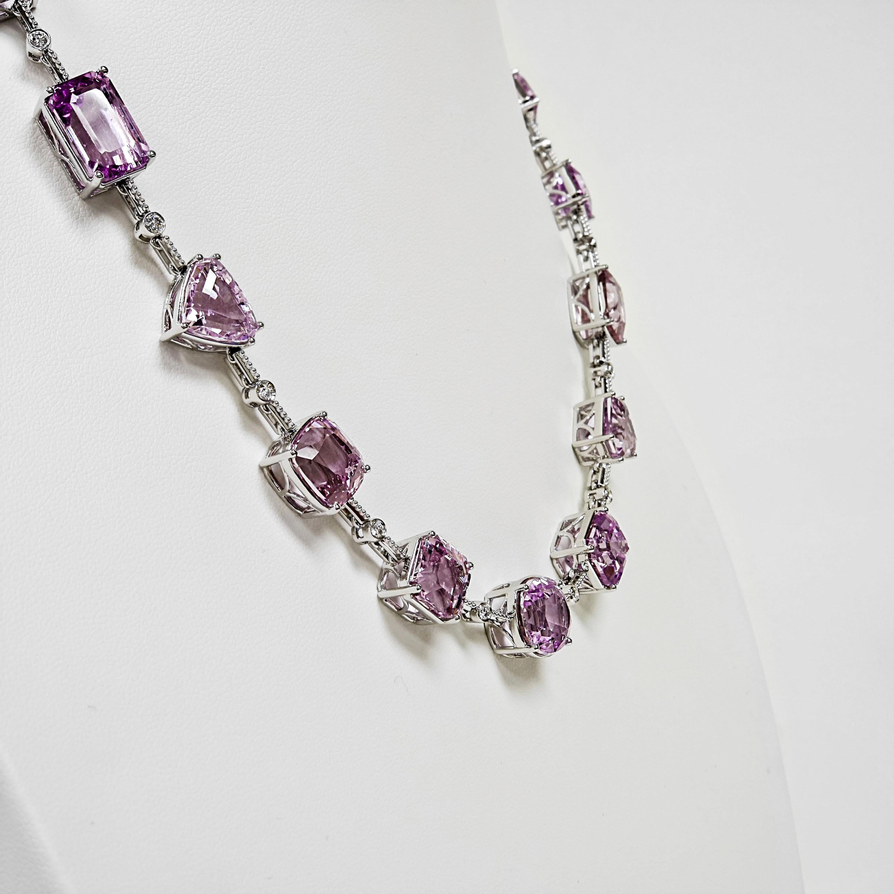 Mixed Cut 121.3 Carats Kunzite and Diamond White Gold Necklace For Sale