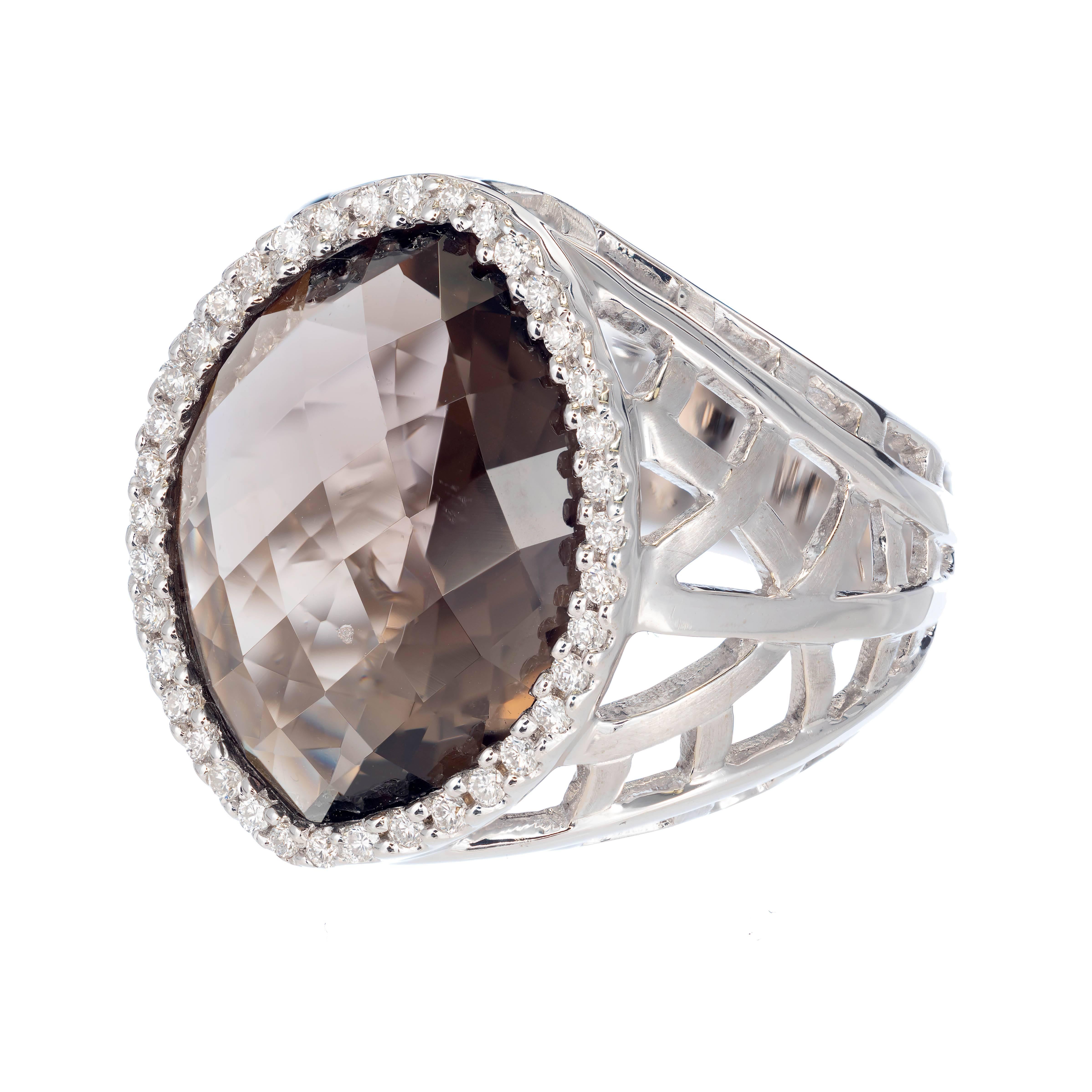 Marquise Cut 12.14 Carat Faceted Marquise Smoky Quartz Diamond Gold Halo Cocktail Ring