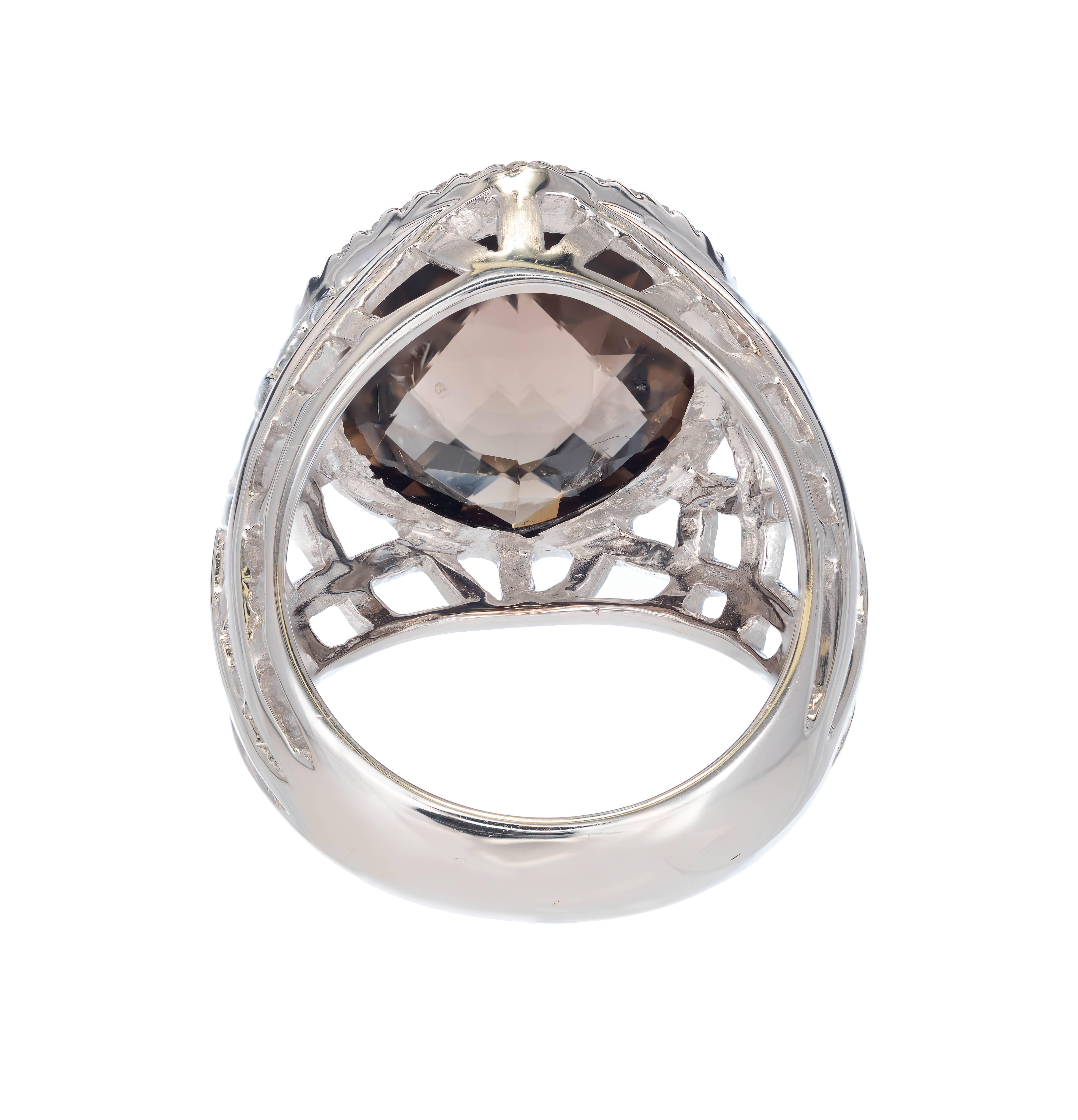 Women's 12.14 Carat Faceted Marquise Smoky Quartz Diamond Gold Halo Cocktail Ring