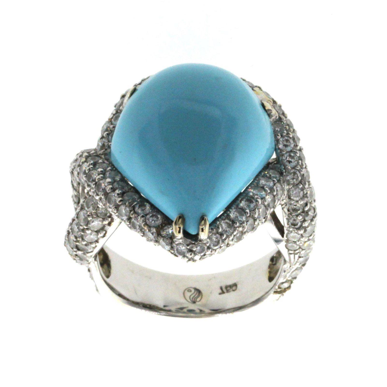 Top: 22 mm
Band Width: 5 mm
Metal: 18K White Gold 
Size: 7.5
Hallmarks: 750
Total Weight: 12.9 Grams
Center Stone: 12.14 CT US Natural Turquoise
Side Stone: 1.86 Ct G SI1 Diamonds 
Condition: New
Estimated Retail Price: $5600
Stock Number: K-1