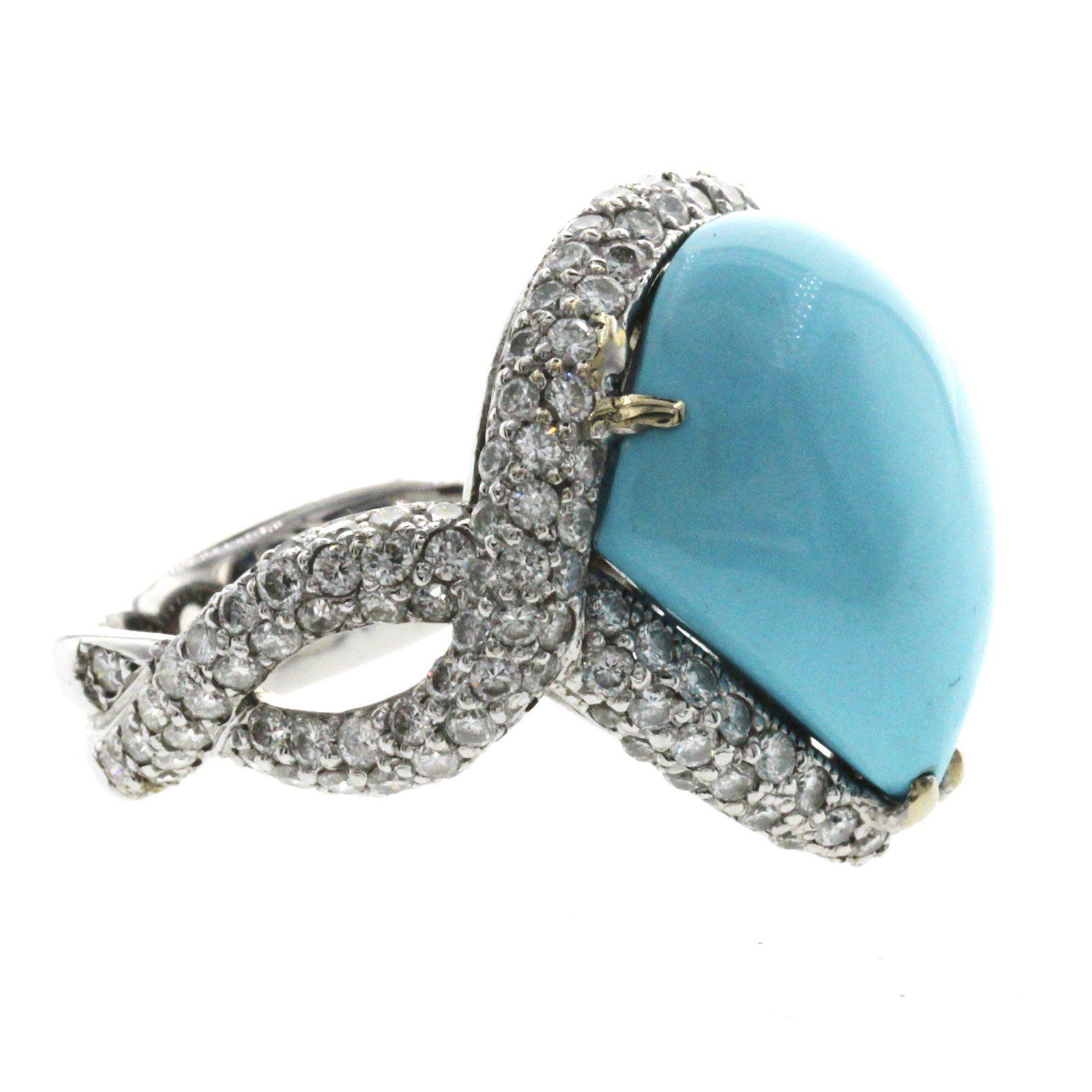 12.14 CT Natural Turquoise & 1.86 CT Diamonds in 18K Gold Cocktail Ring In New Condition In Los Angeles, CA