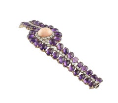 Amethysts, Diamonds, Oval Shape Pink Coral, Rose and White Gold Bracelet