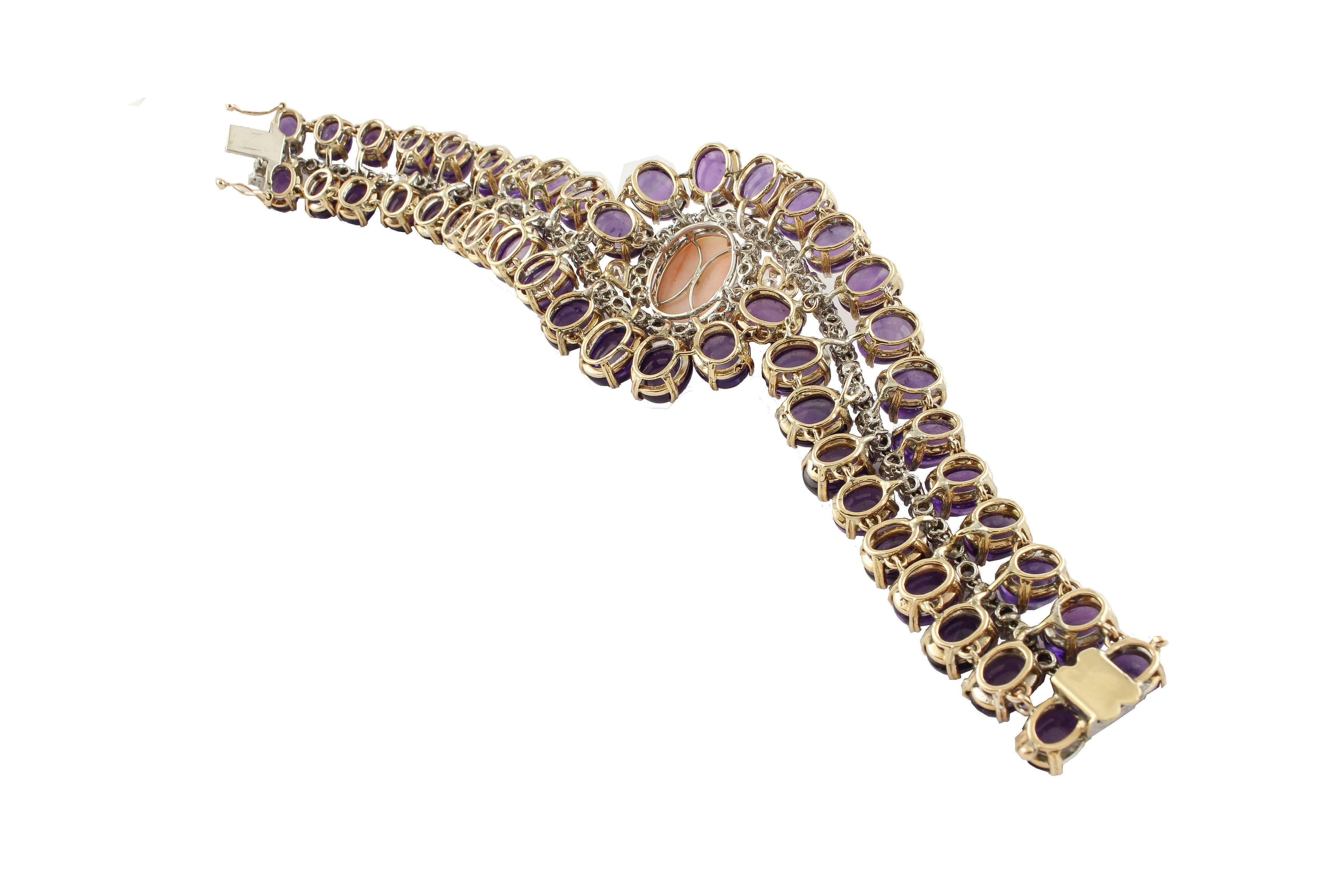 Retro Amethysts, Diamonds, Oval Shape Pink Coral, Rose and White Gold Bracelet For Sale