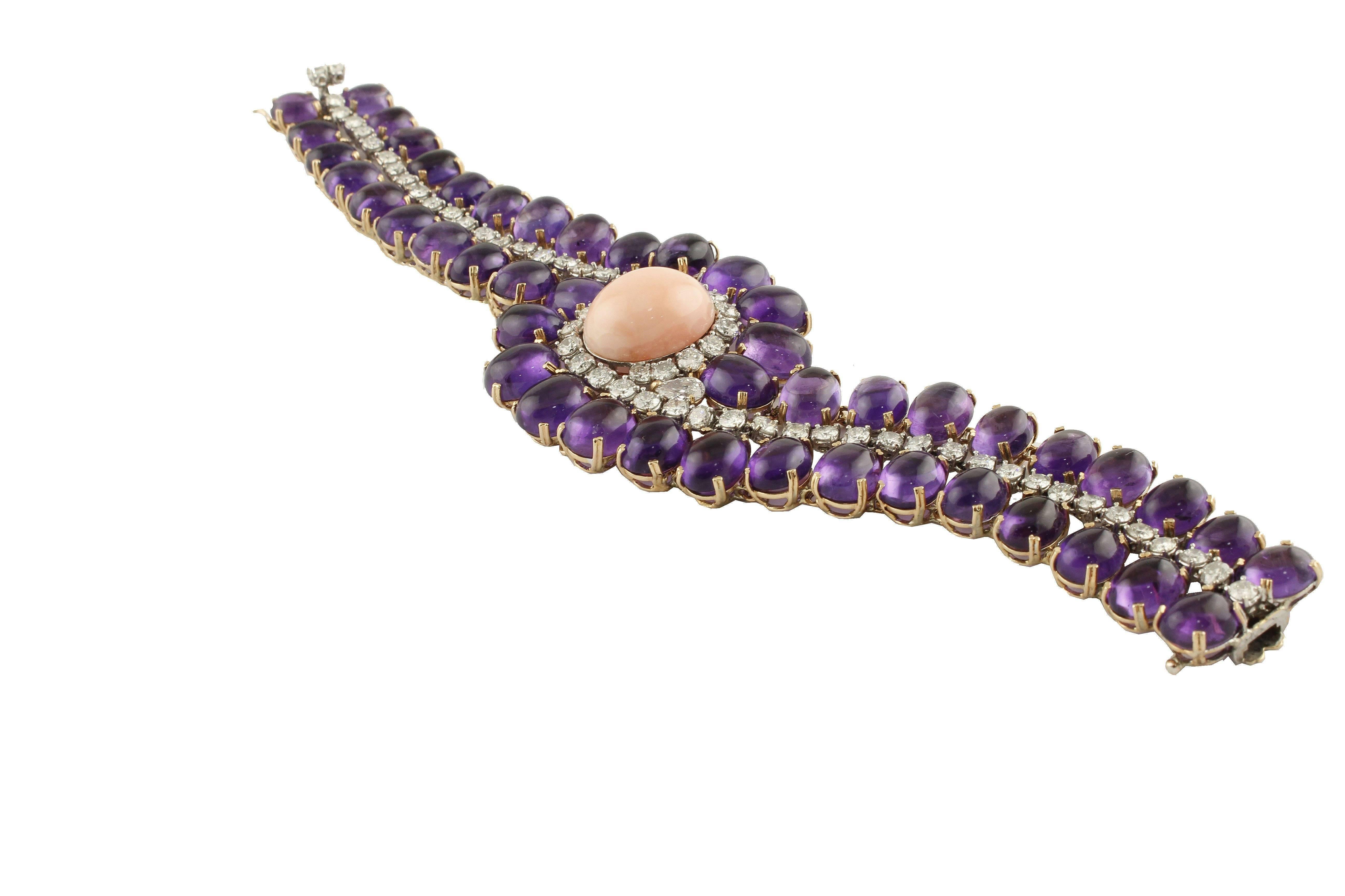 Brilliant Cut Amethysts, Diamonds, Oval Shape Pink Coral, Rose and White Gold Bracelet For Sale