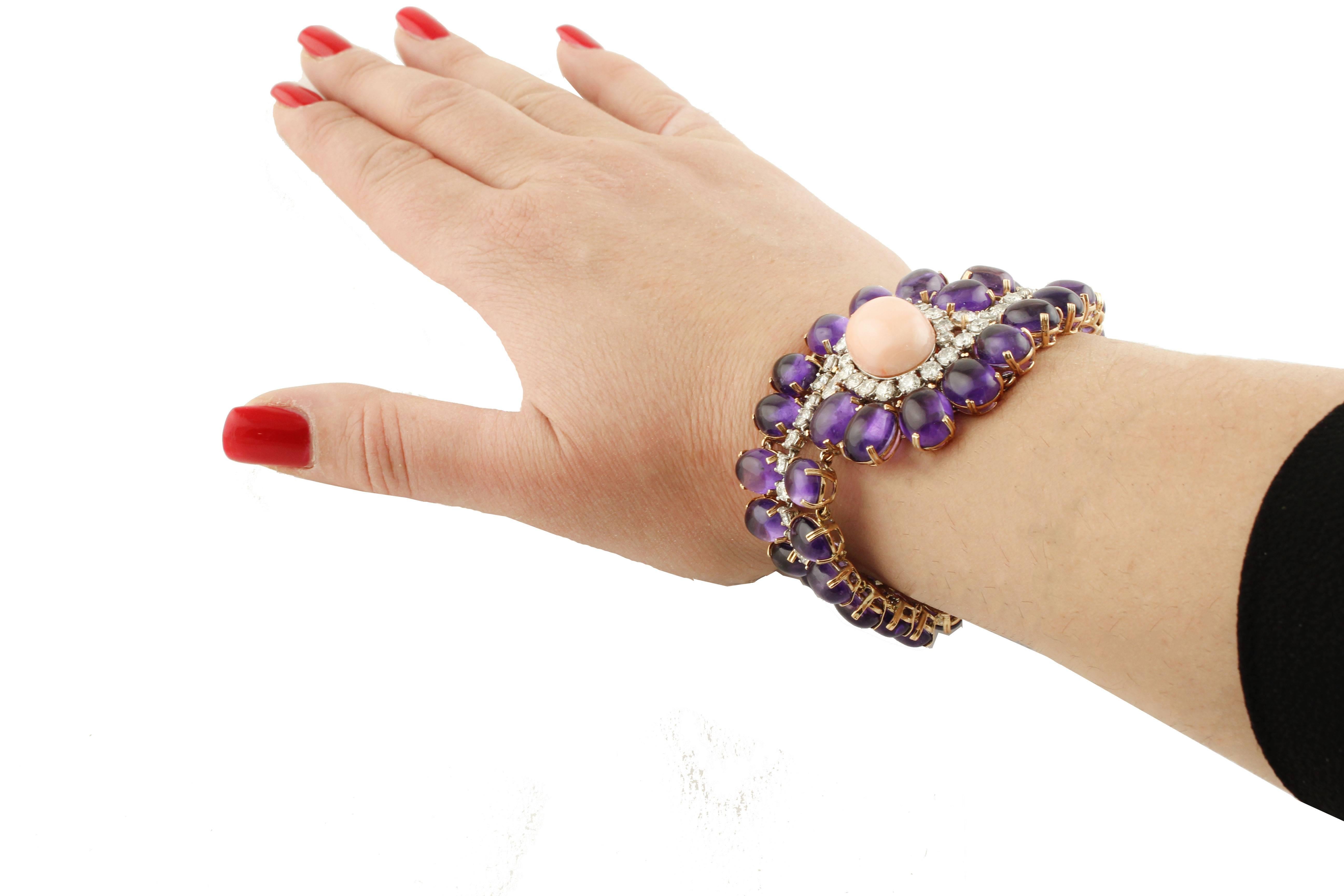 Women's Amethysts, Diamonds, Oval Shape Pink Coral, Rose and White Gold Bracelet For Sale