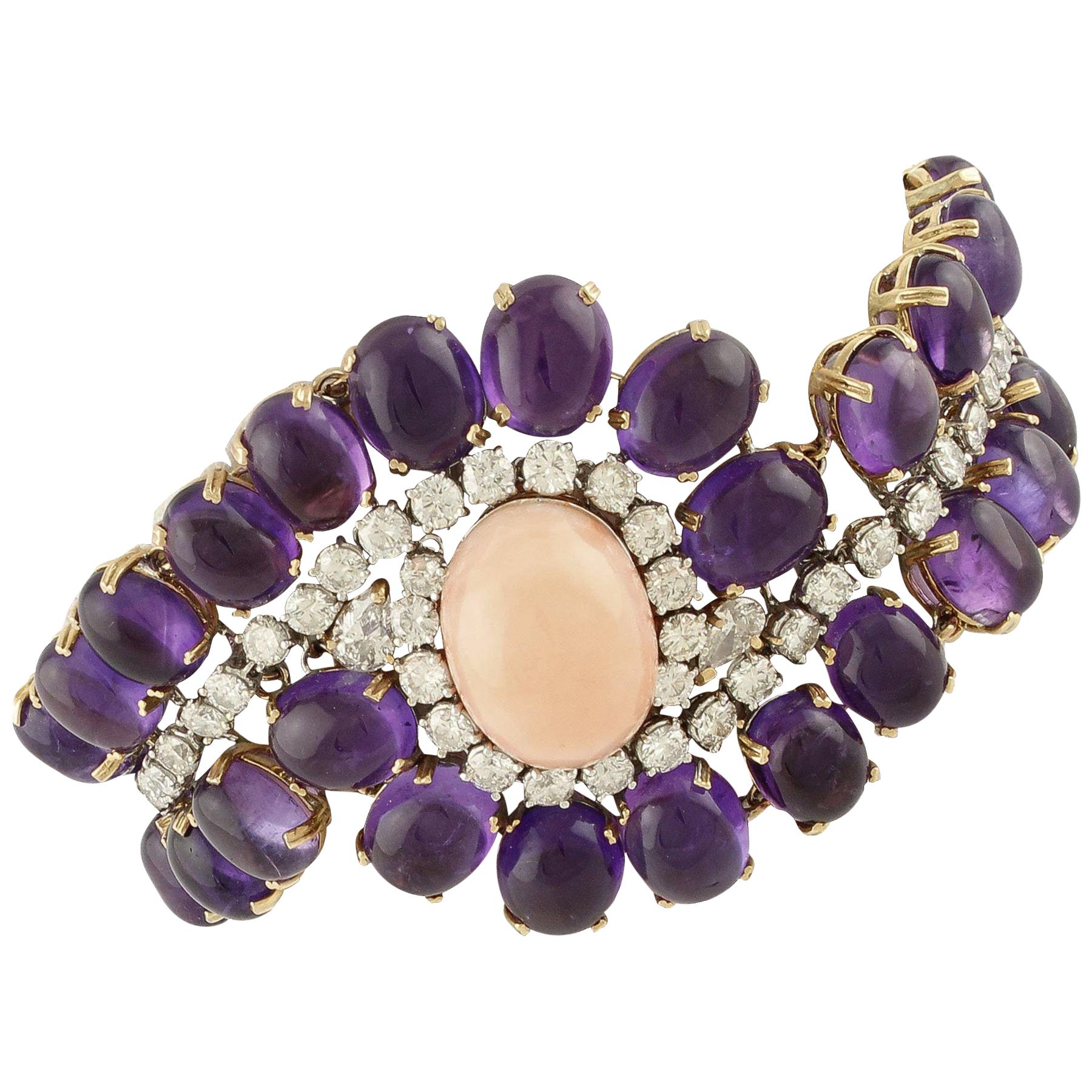 Amethysts, Diamonds, Oval Shape Pink Coral, Rose and White Gold Bracelet