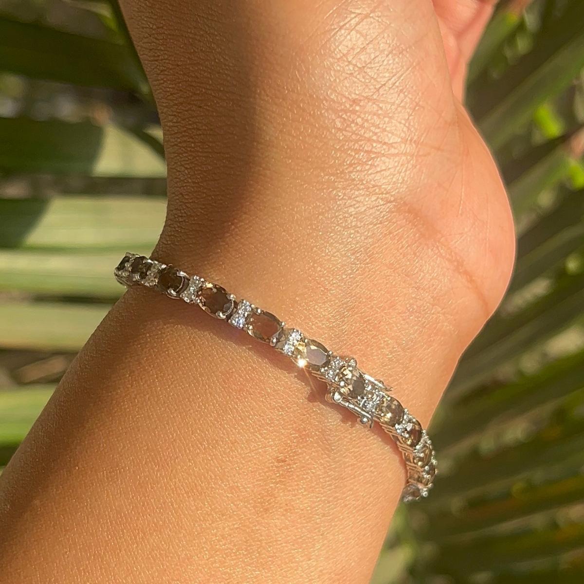 12.15 Carat Brown Smoky Quartz Tennis Bracelet Best Mothers Day Gift in Silver For Sale 3
