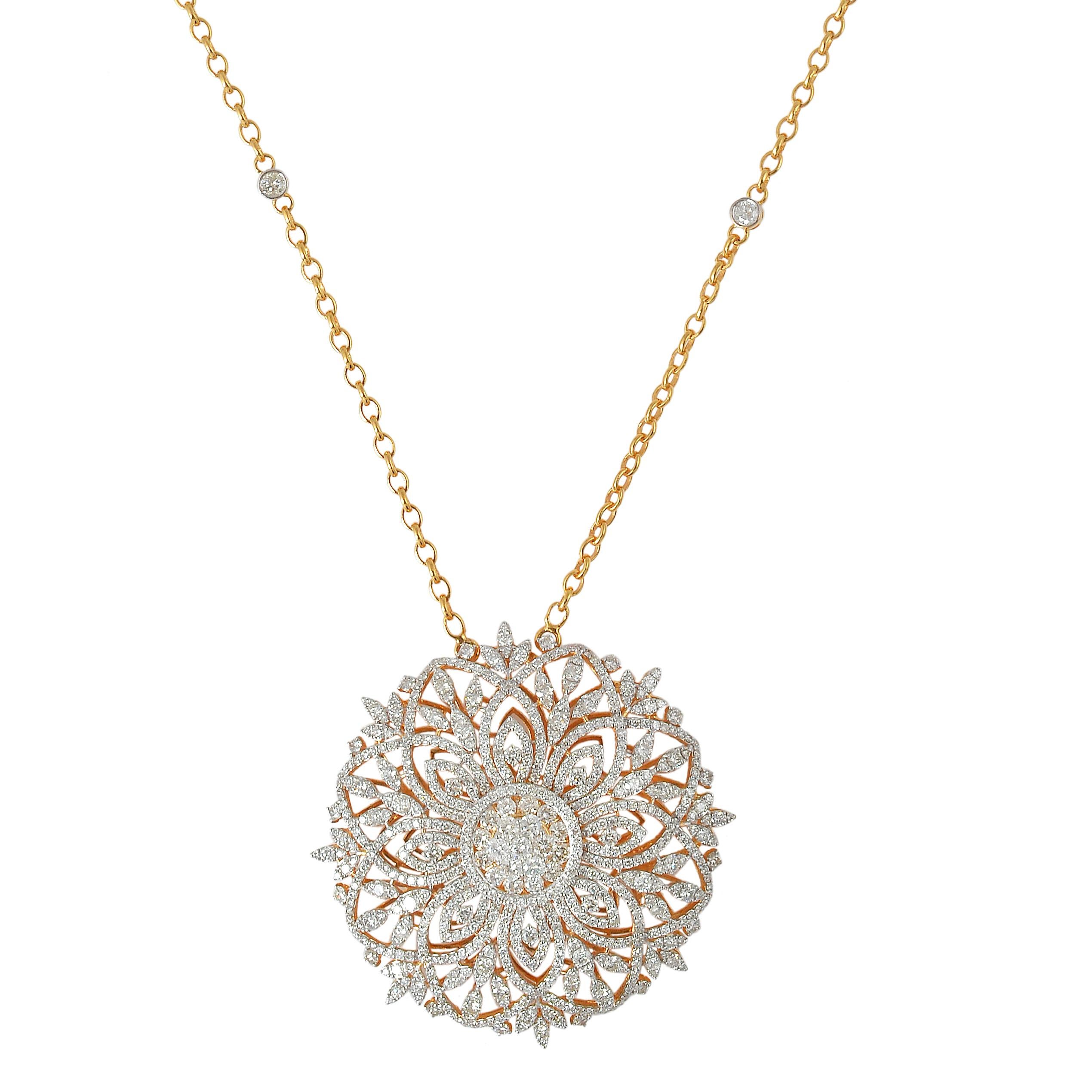 At the center of this pendant necklace blooms a stunning flower motif, adorned with a collection of brilliant round-cut diamonds. The diamonds, with a total weight of 12.15 carats, showcase SI clarity and HI color, ensuring remarkable sparkle and