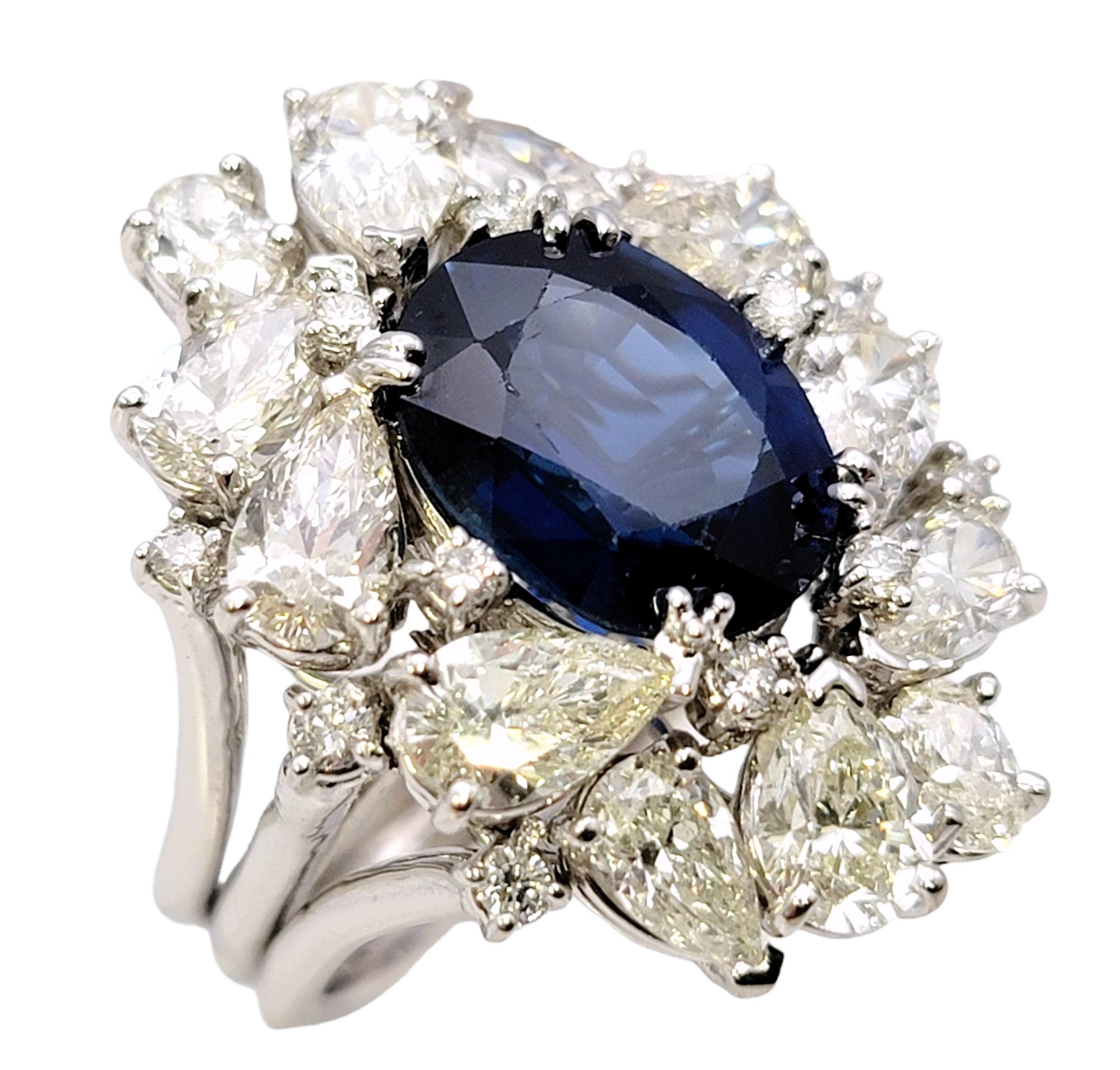 Oval Cut 12.15 Carat Total Natural Sapphire and Diamond Cluster White Gold Cocktail Ring For Sale