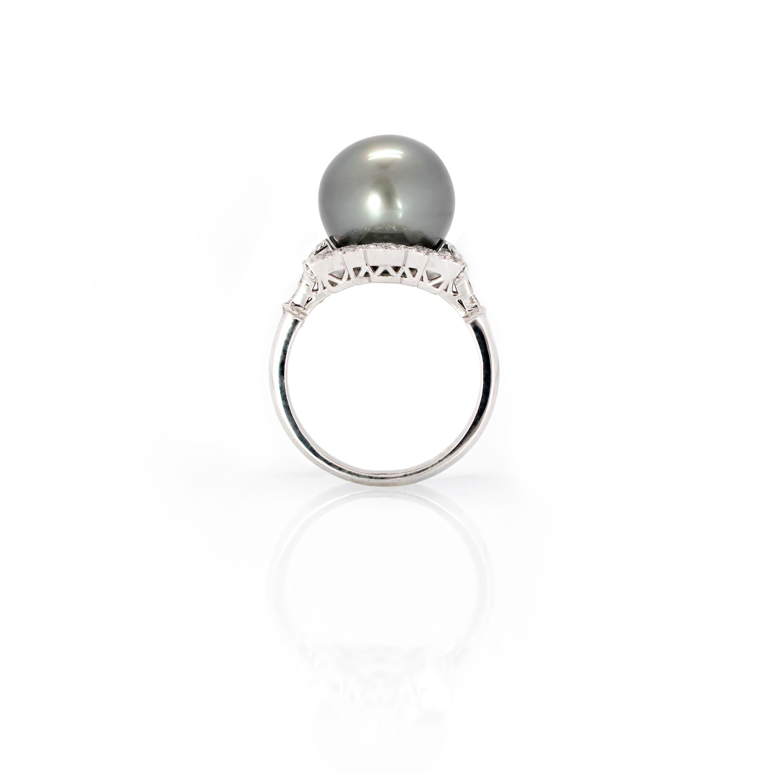 Art Deco 12.15 mm Tahitian Pearl and Diamond Deco Style Ring set in Platinum For Sale