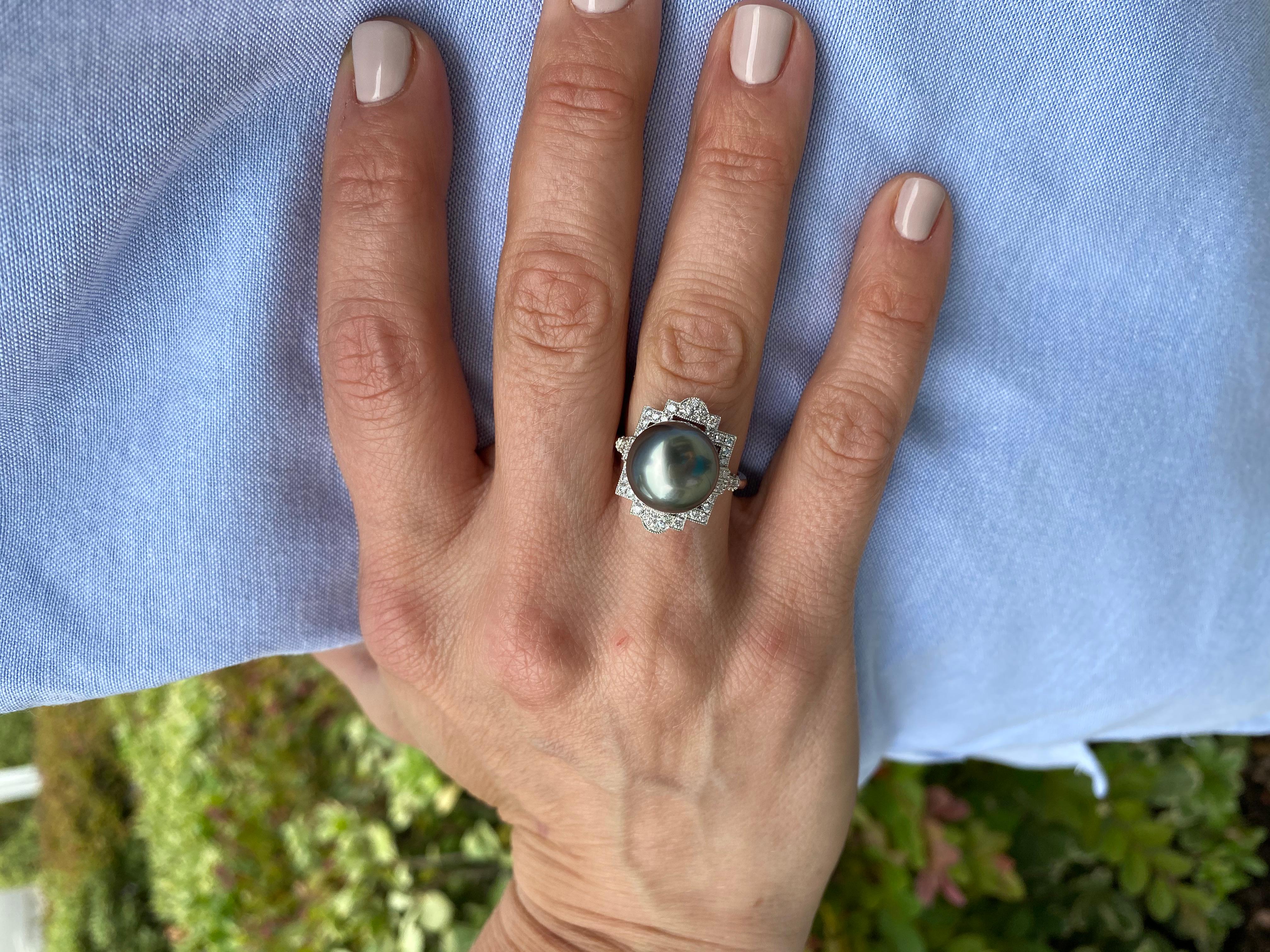 Uncut 12.15 mm Tahitian Pearl and Diamond Deco Style Ring set in Platinum For Sale
