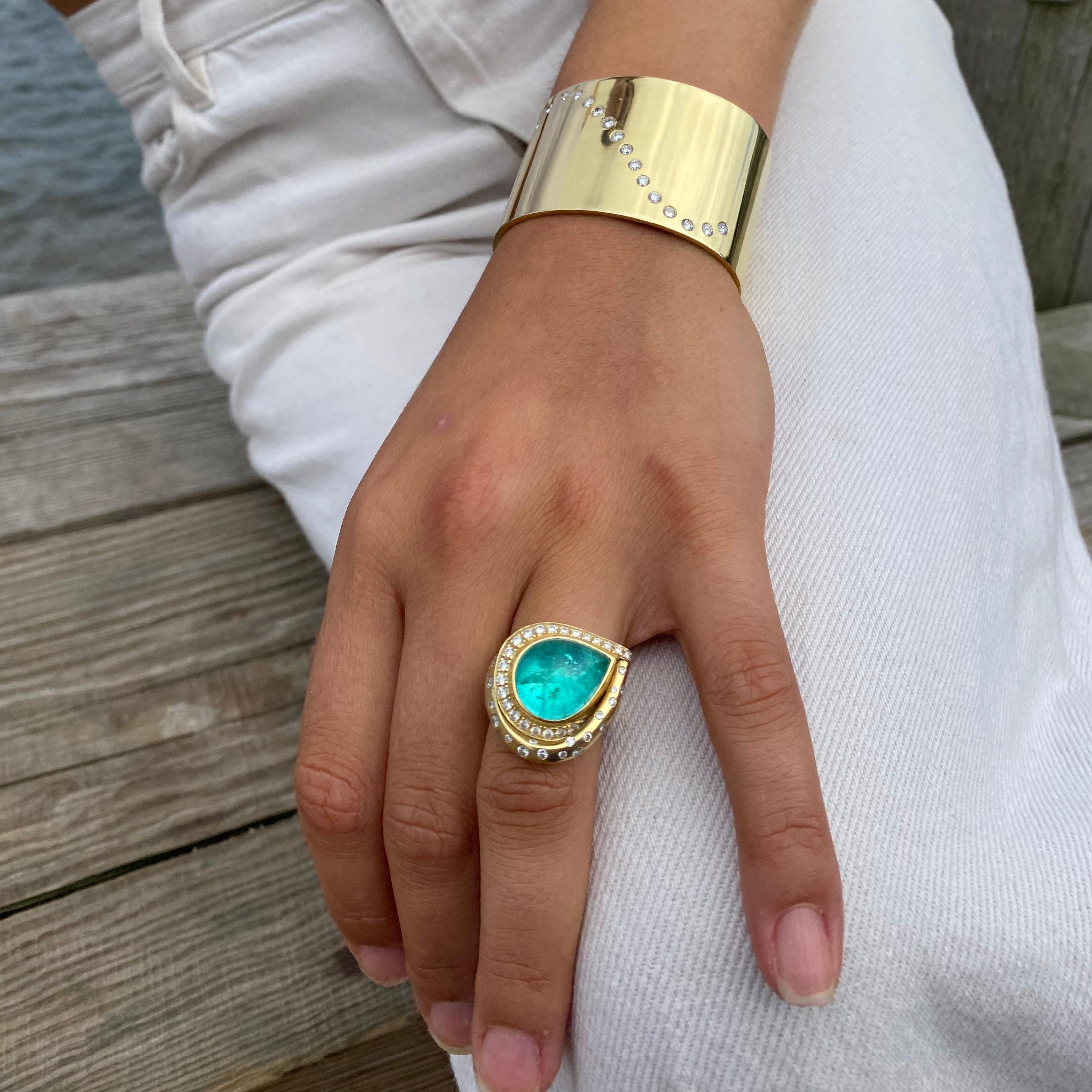 Cabochon Susan Lister Locke 12.16ct Paraiba Tourmaline & Diamond Swirl Ring in 18K Gold For Sale