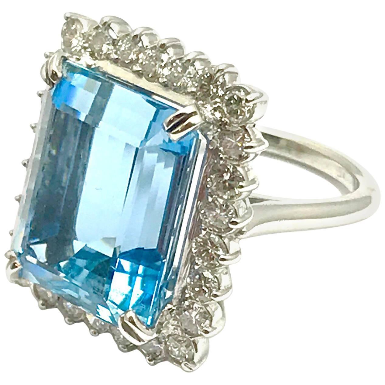 12.16 Carat Emerald Cut Aquamarine and Diamond Platinum Ring