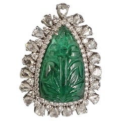 12.16 Carats, Natural Carved Zambian Emerald & Rose Cut Diamonds Cocktail Ring